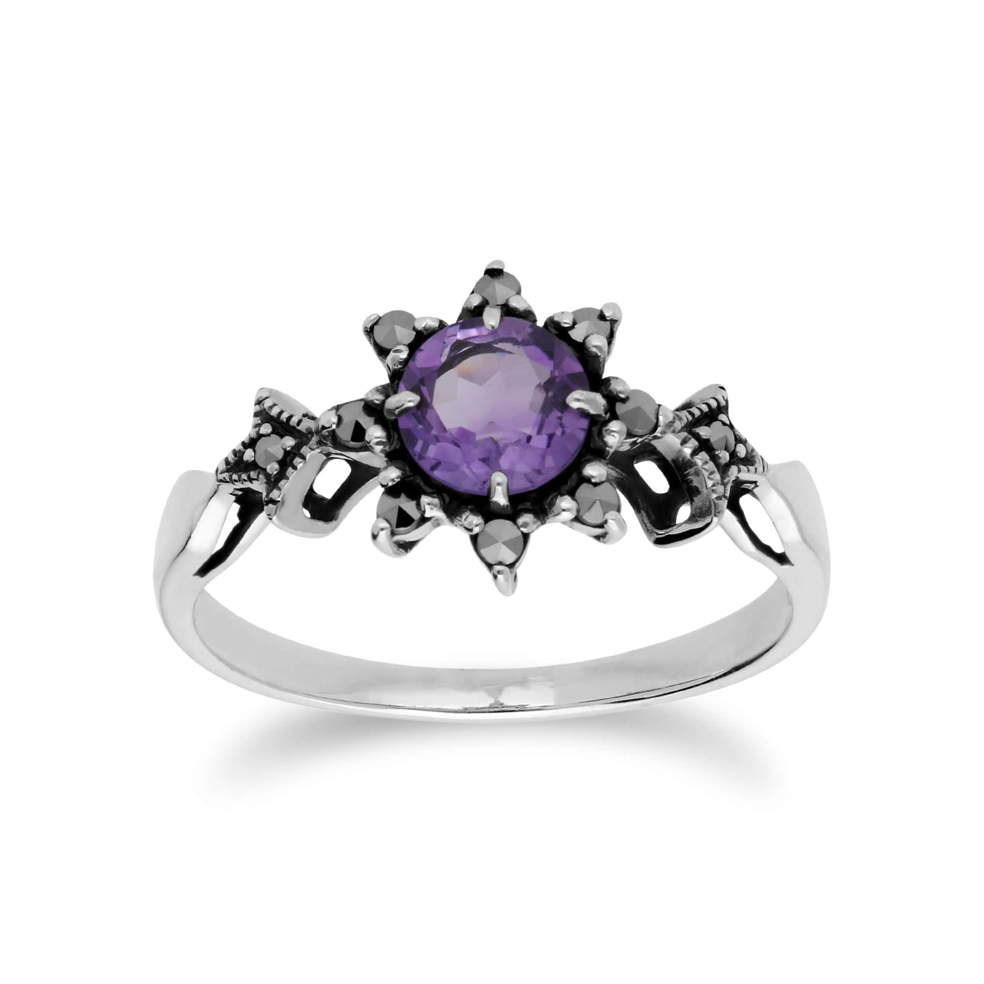 Art Nouveau Style Round Amethyst & Marcasite Floral Ring in 925 Sterling Silver - Gemondo