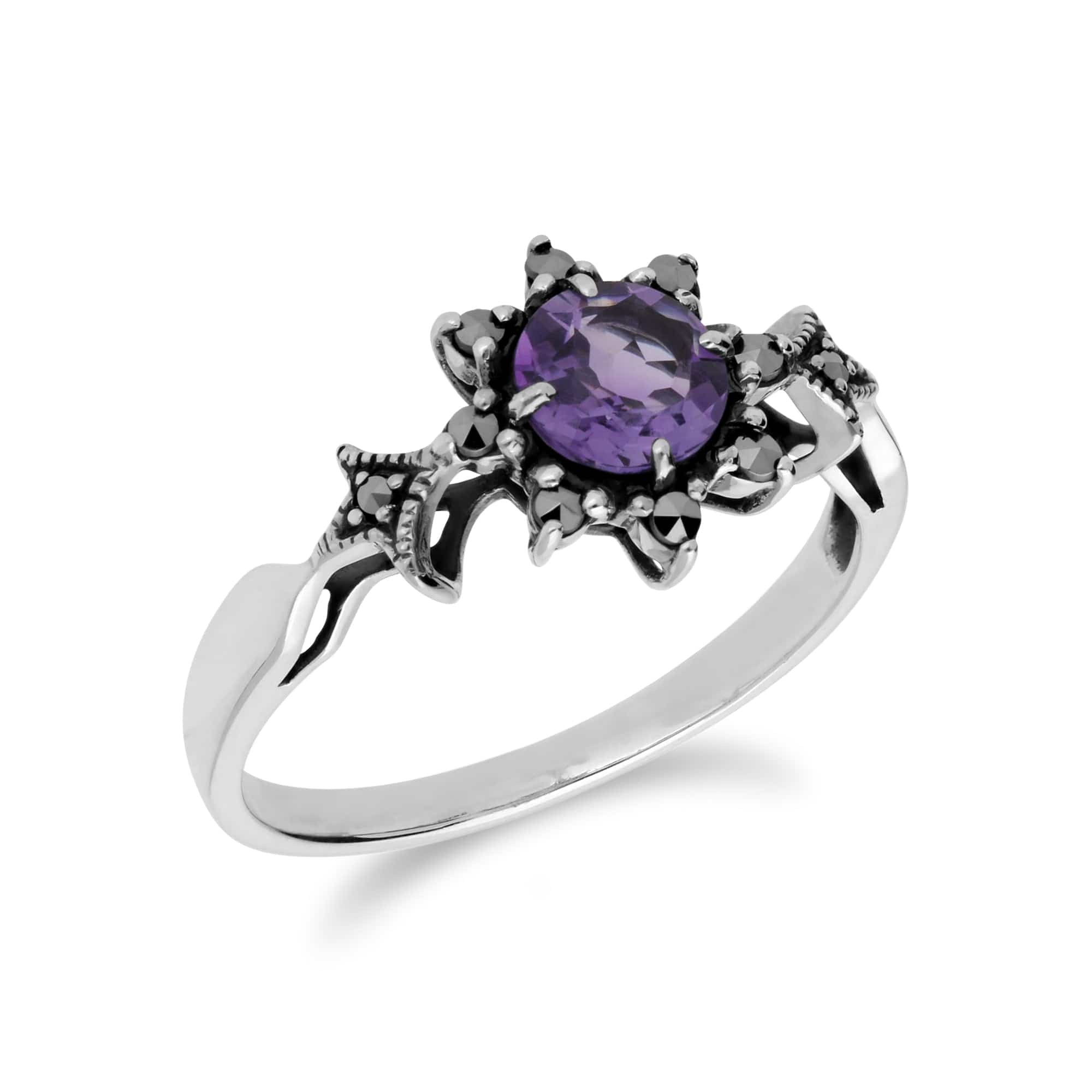 Art Nouveau Style Round Amethyst & Marcasite Floral Ring in 925 Sterling Silver - Gemondo
