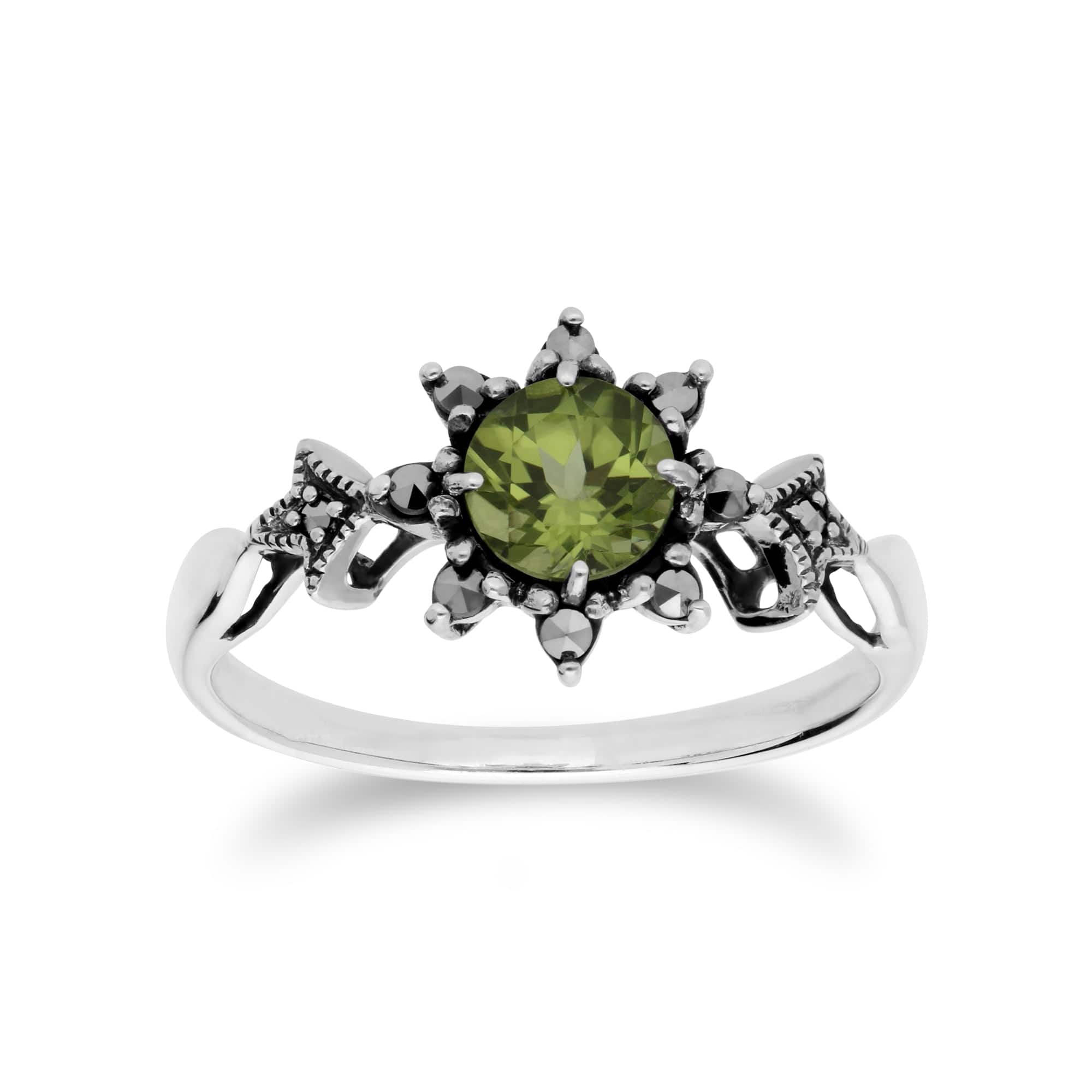 214N696004925-214R599504925 Art Nouveau Style Style Round Peridot & Marcasite Starburst Pendant & Ring Set in 925 Sterling Silver 3
