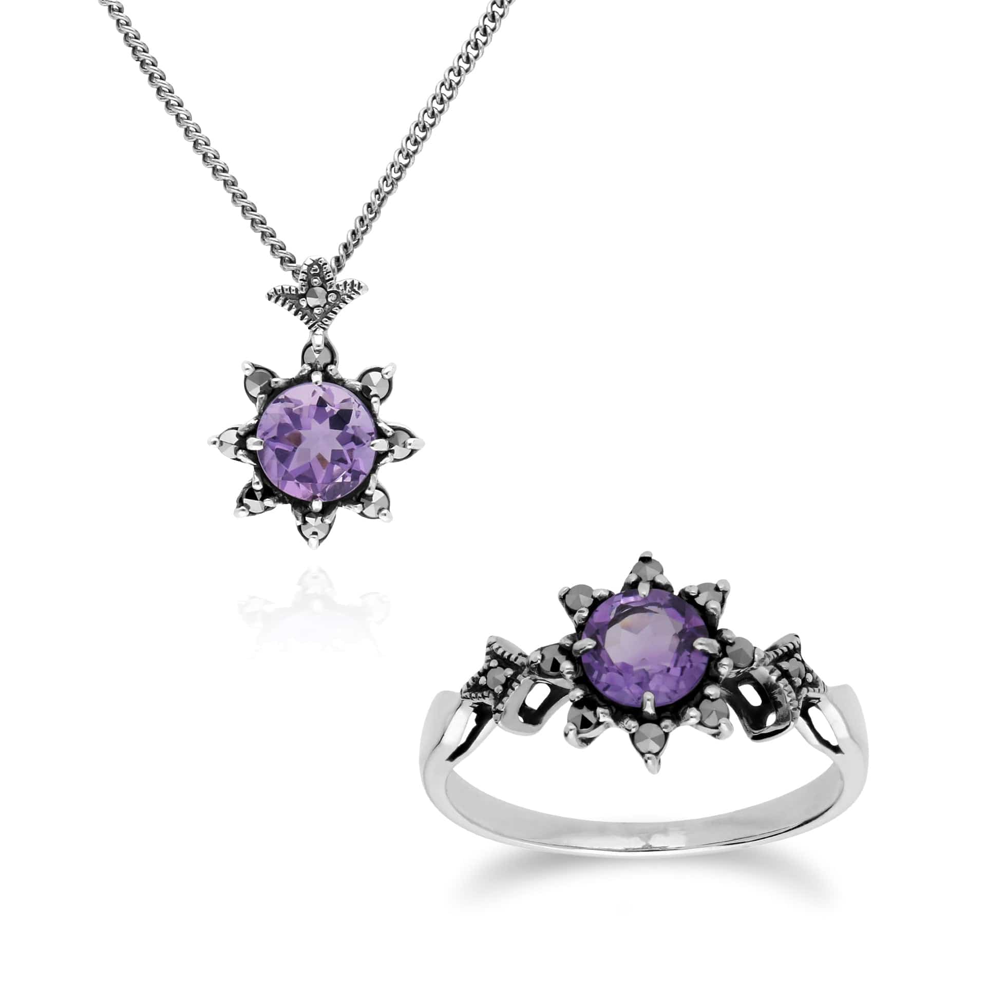 214N696002925-214R599502925 Art Nouveau Style Style Round Amethyst & Marcasite Starburst Pendant & Ring Set in 925 Sterling Silver 1