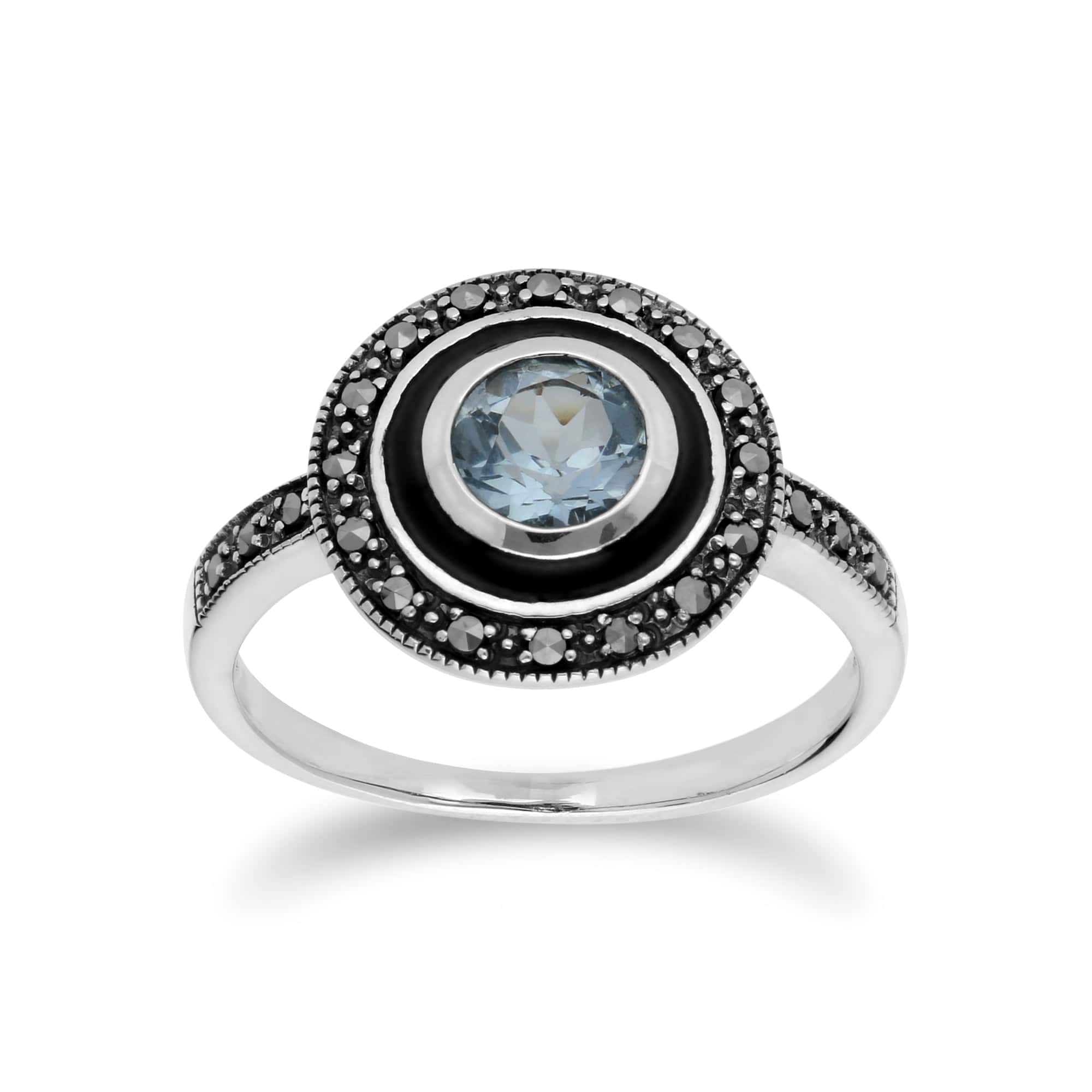 214E860701925-214R599601925 Art Deco Style Round Blue Topaz, Marcasite & Black Enamel Drop Earrings & Ring Set in 925 Sterling Silver 3