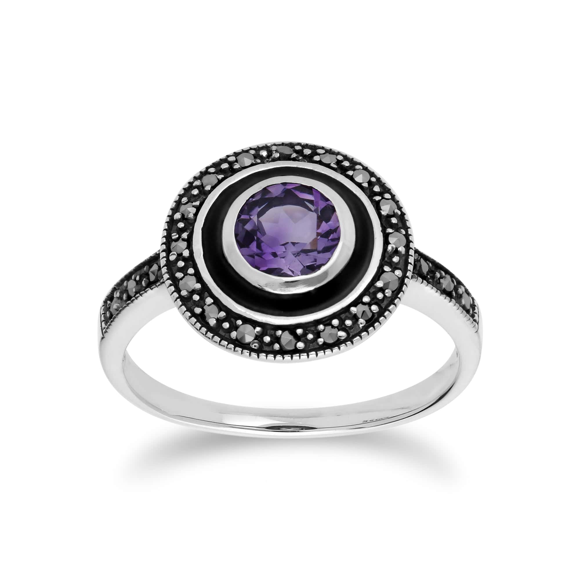 Art Deco Style Round Amethyst & Black Enamel Halo Ring in 925 Sterling Silver - Gemondo