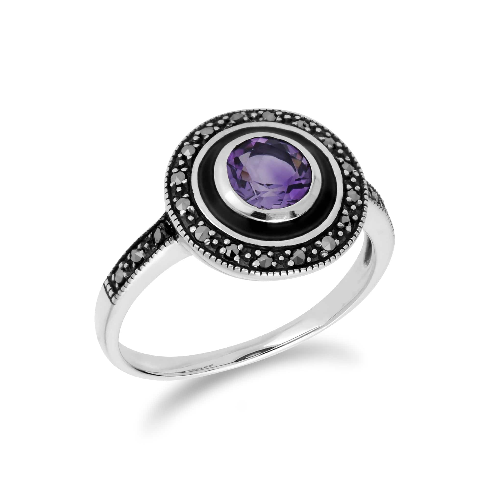 Art Deco Style Round Amethyst & Black Enamel Halo Ring in 925 Sterling Silver - Gemondo
