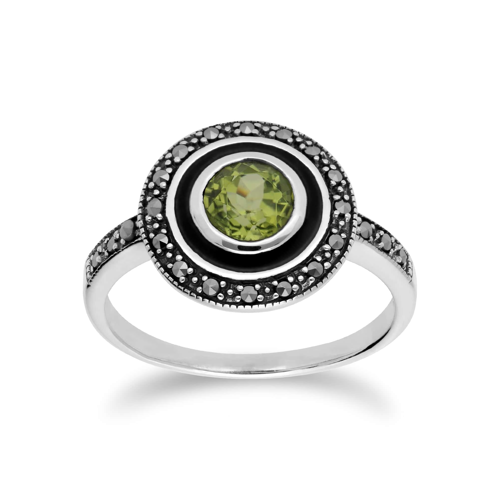 Art Deco Style Round Peridot & Black Enamel Halo Ring in 925 Sterling Silver - Gemondo