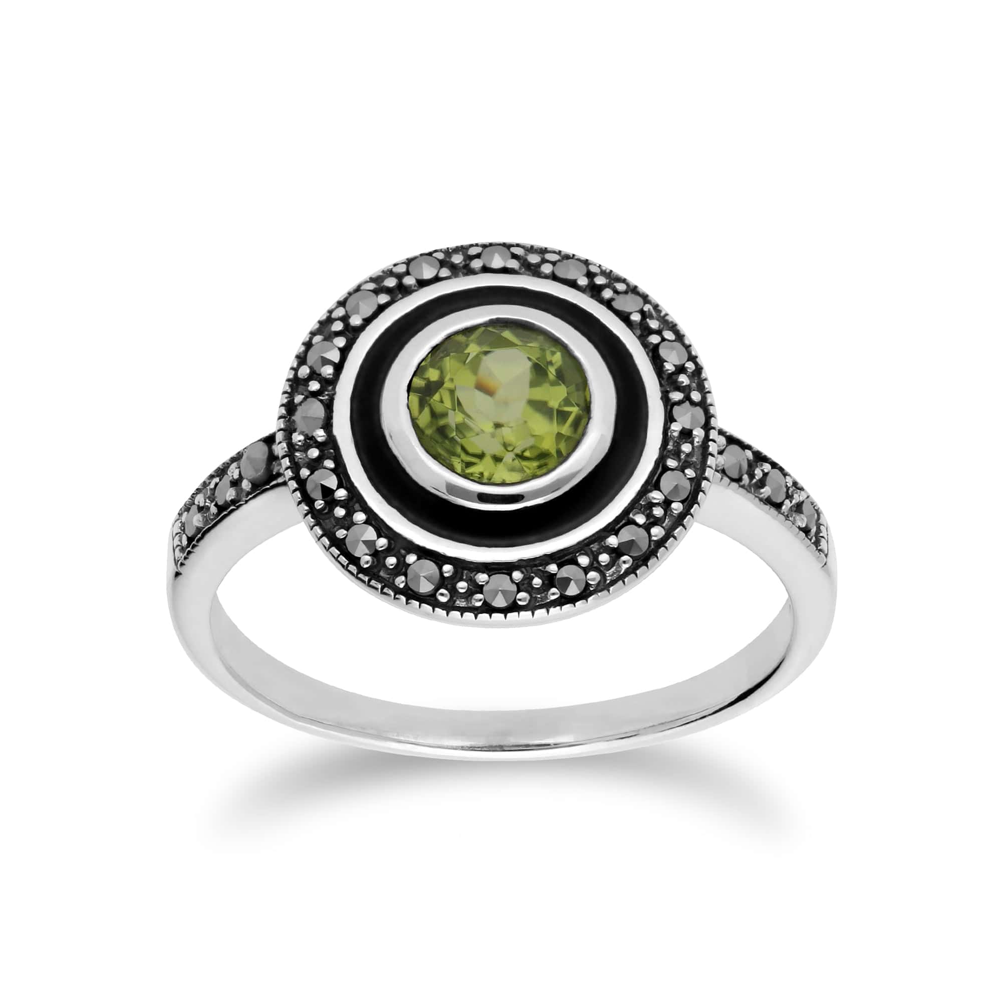 214R599604925 Art Deco Style Round Peridot & Black Enamel Halo Ring in 925 Sterling Silver 2