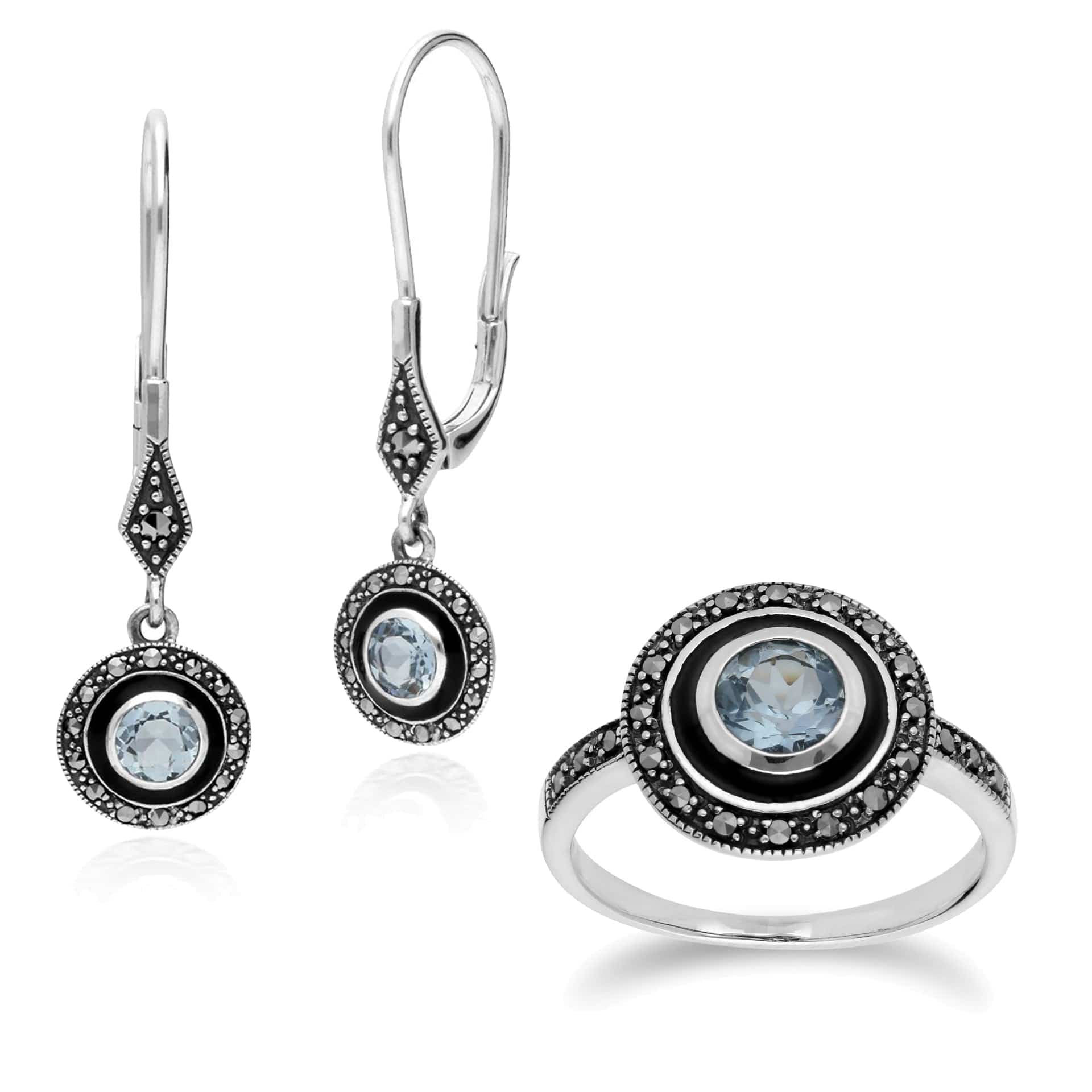 214E860701925-214R599601925 Art Deco Style Round Blue Topaz, Marcasite & Black Enamel Drop Earrings & Ring Set in 925 Sterling Silver 1