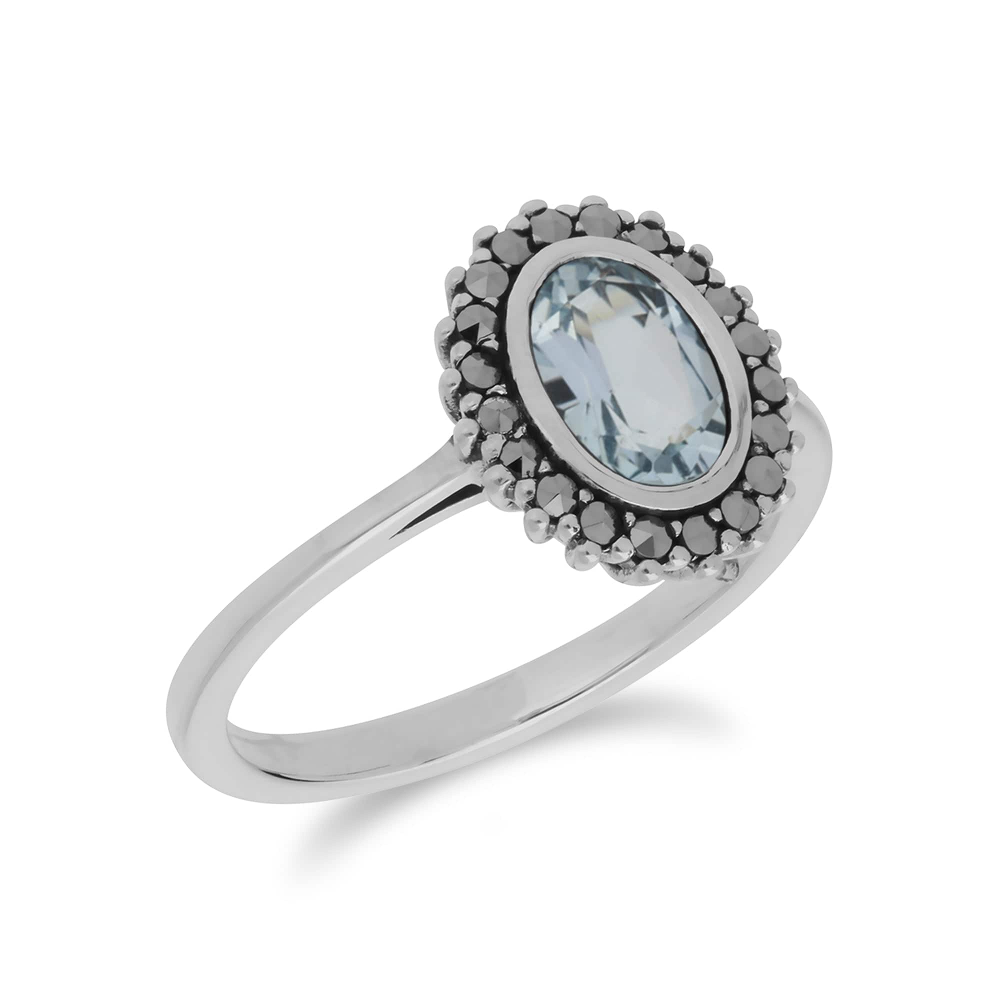 Art Deco Style Oval Blue Topaz & Marcasite Halo Ring in 925 Sterling Silver - Gemondo