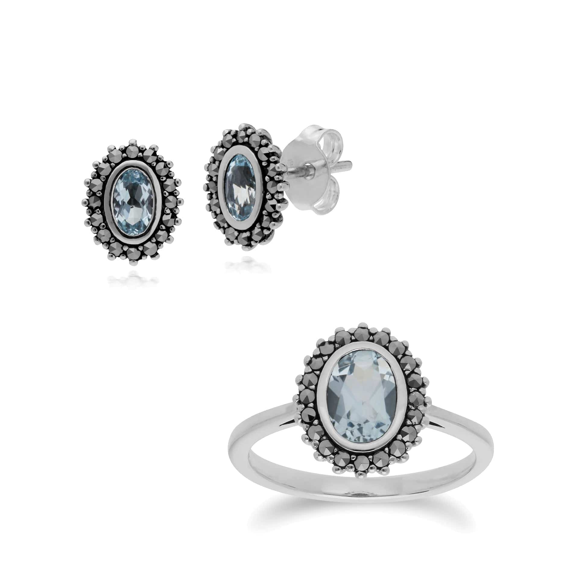 Art Deco Blue Topaz & Marcasite Halo Stud Pendant & Ring Set Image 1