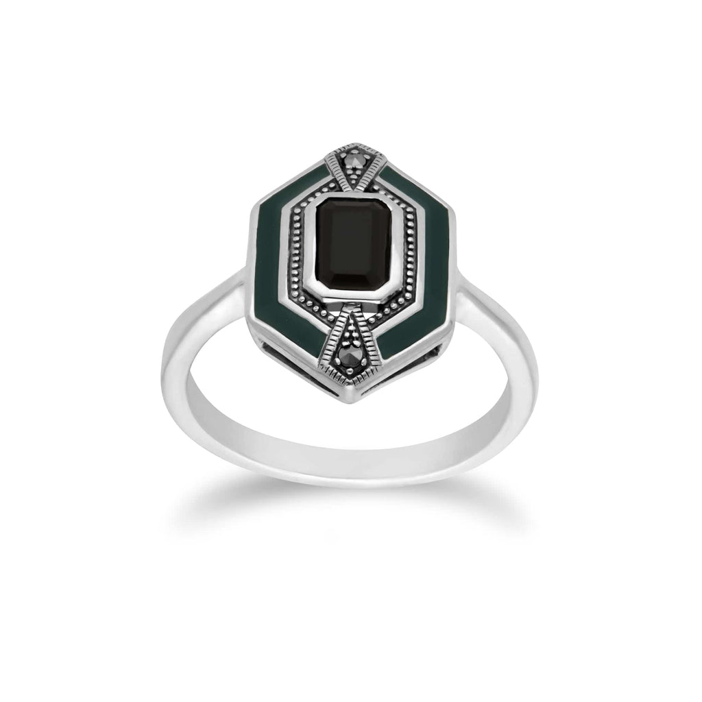 Art Deco Style Octagon Onyx Marcasite & Green Enamel hexagon Ring 925 Sterling Silver