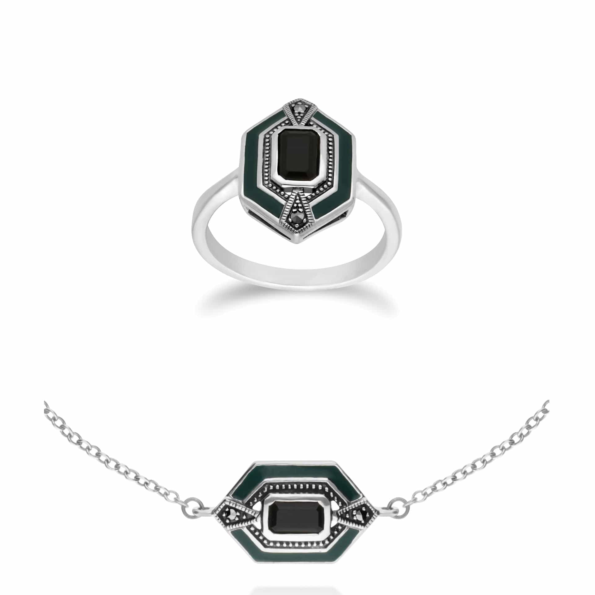 Art Deco Onyx & Enamel Hexagon Ring & bracelet Set Image 1