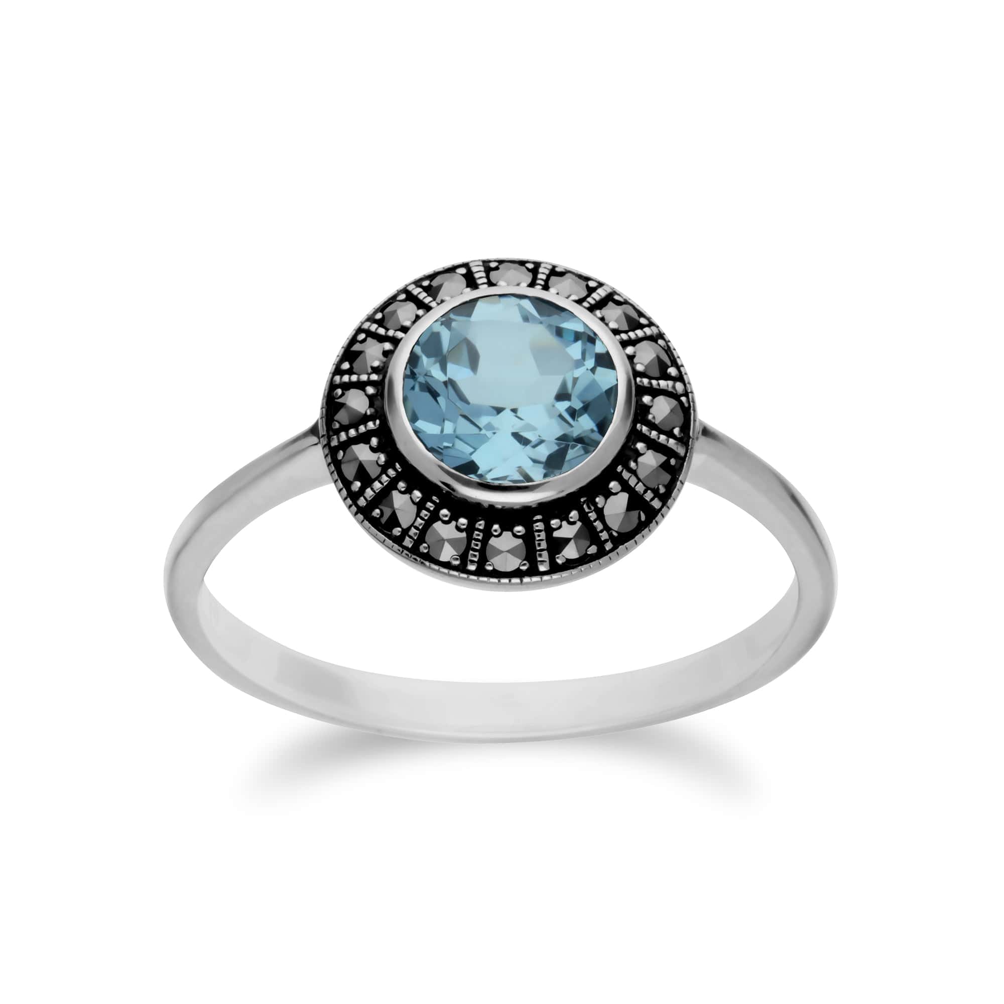 Art Deco Style Round Blue Topaz & Marcasite Silver  Halo Ring - Gemondo
