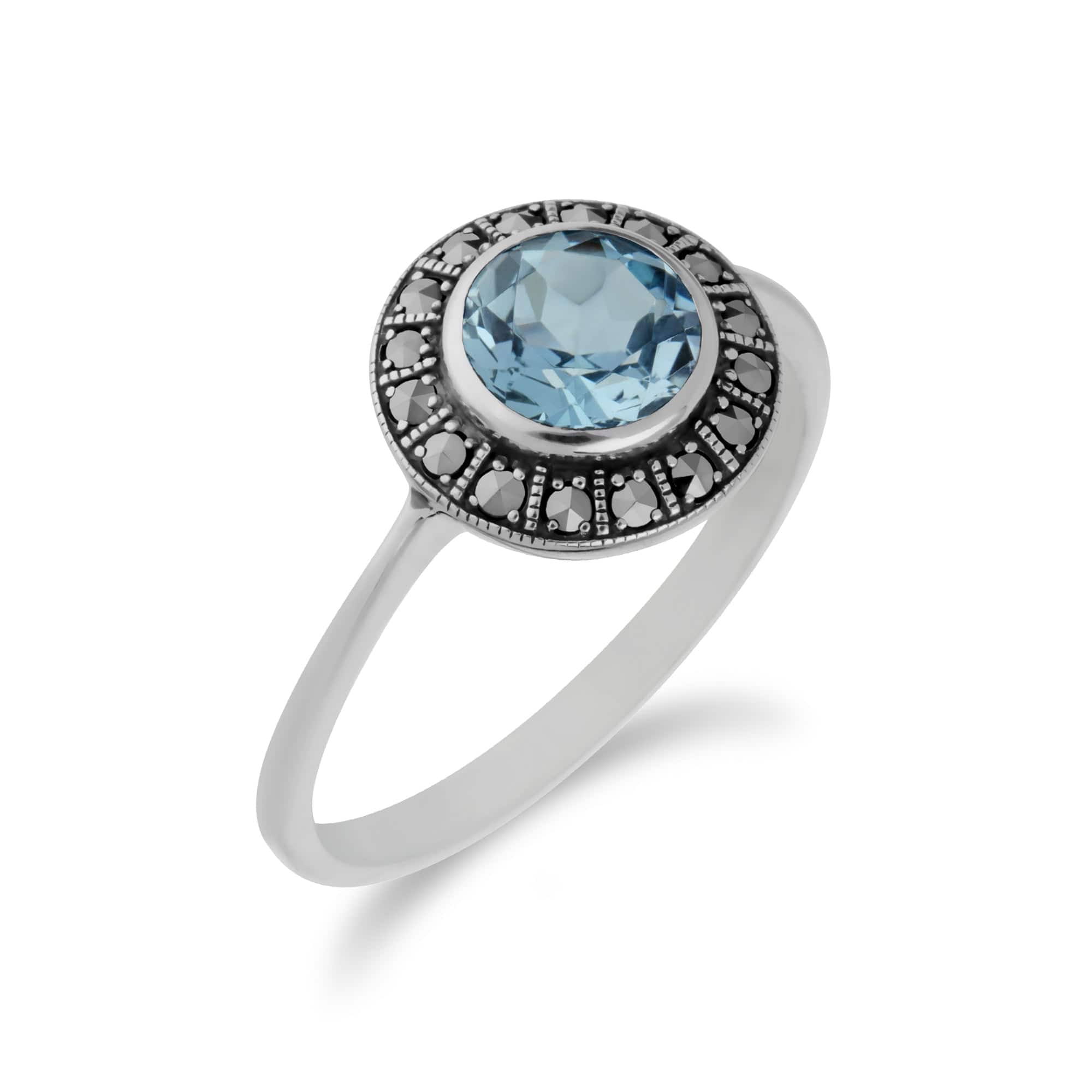 Art Deco Style Round Blue Topaz & Marcasite Silver  Halo Ring - Gemondo
