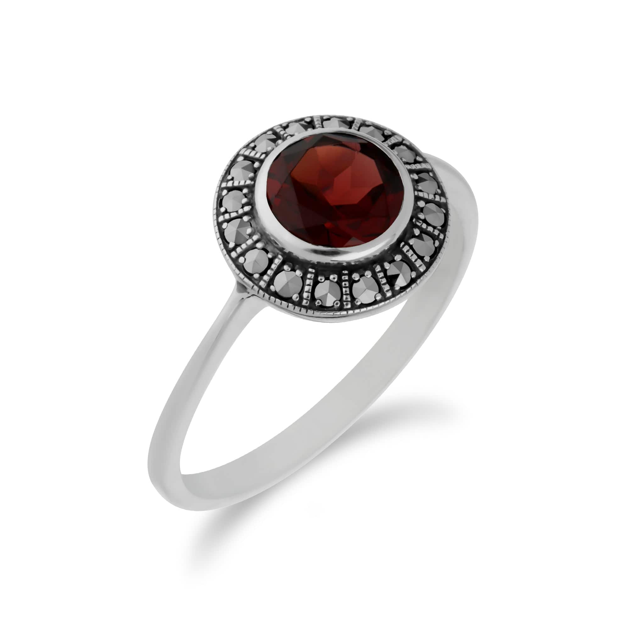 Art Deco Style Round Garnet & Marcasite Silver  Halo Ring - Gemondo