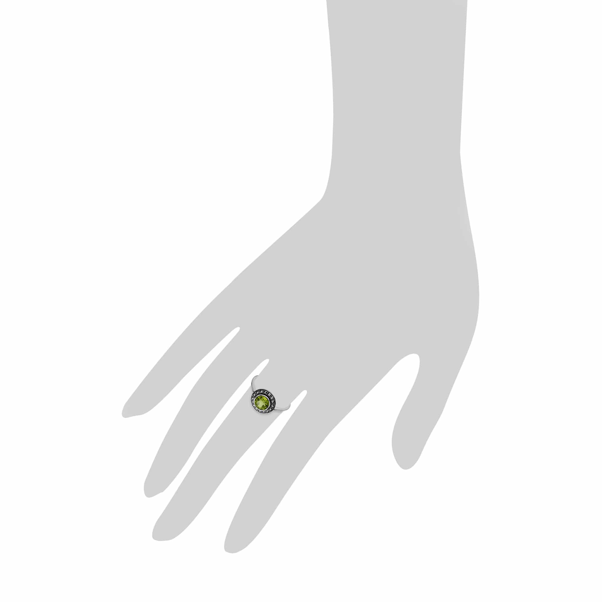 Art Deco Style Round Peridot & Marcasite Halo Ring in 925 Sterling Silver - Gemondo