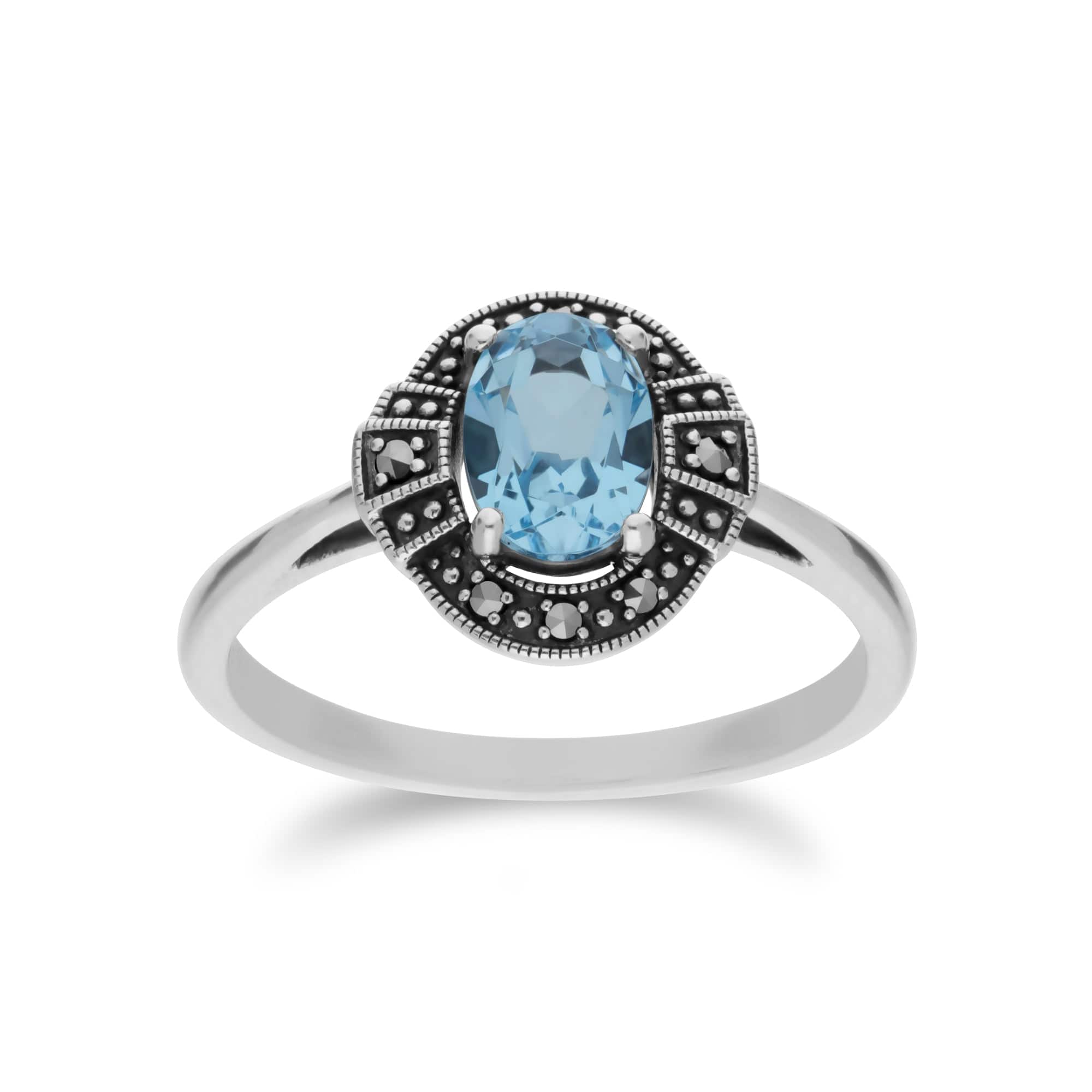 214L165401925-214R605701925 Art Deco Style Oval Blue Topaz and Marcasite Cluster Silver Ring & Bracelet Set 3