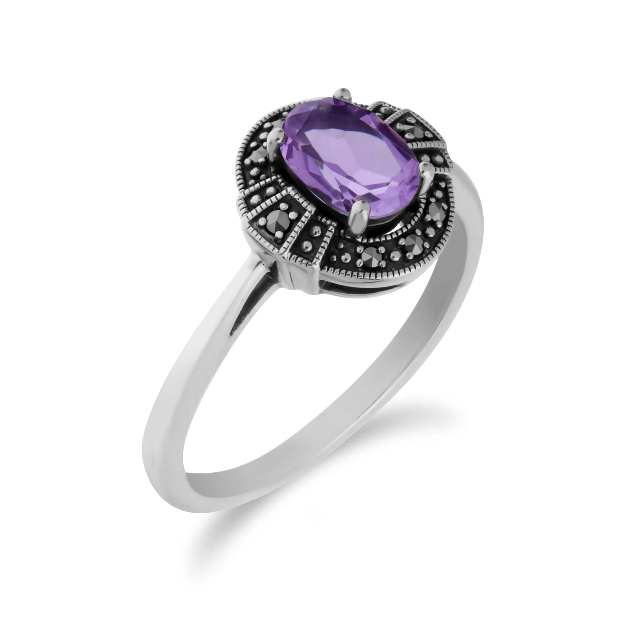 Art Deco Style Oval Amethyst & Marcasite Silver  Halo Ring - Gemondo