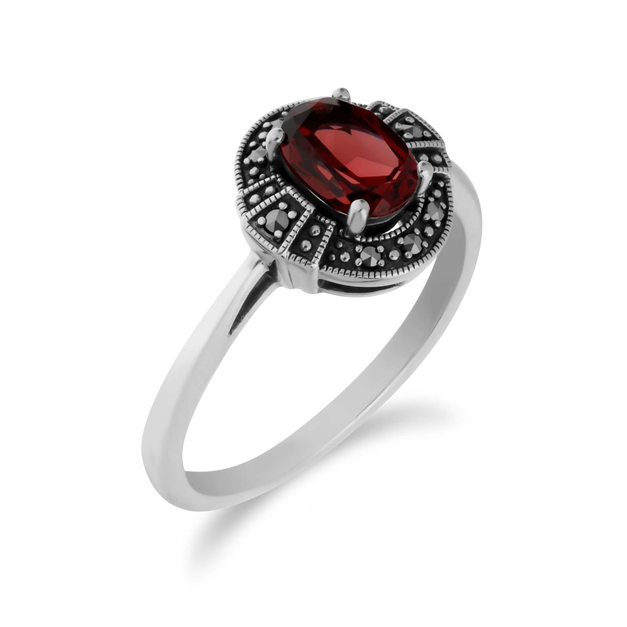Art Deco Style Oval Garnet & Marcasite Halo Ring in 925 Sterling Silver - Gemondo