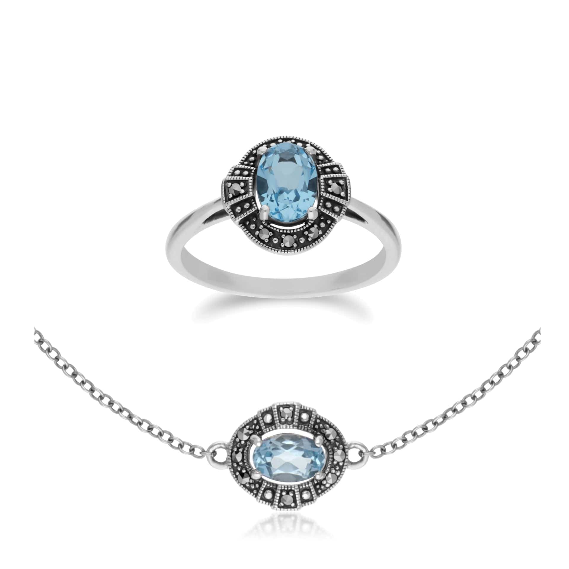 214L165401925-214R605701925 Art Deco Style Oval Blue Topaz and Marcasite Cluster Silver Ring & Bracelet Set 1