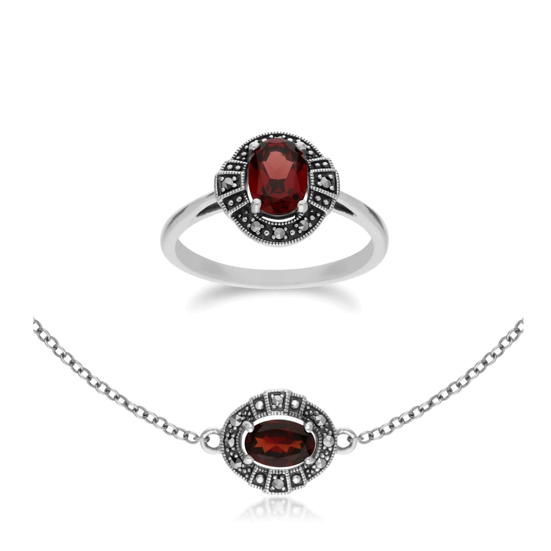 214L165403925-214R605703925 Art Deco Style Oval Garnet and Marcasite Cluster Ring & Bracelet Set in 925 Sterling Silver 1