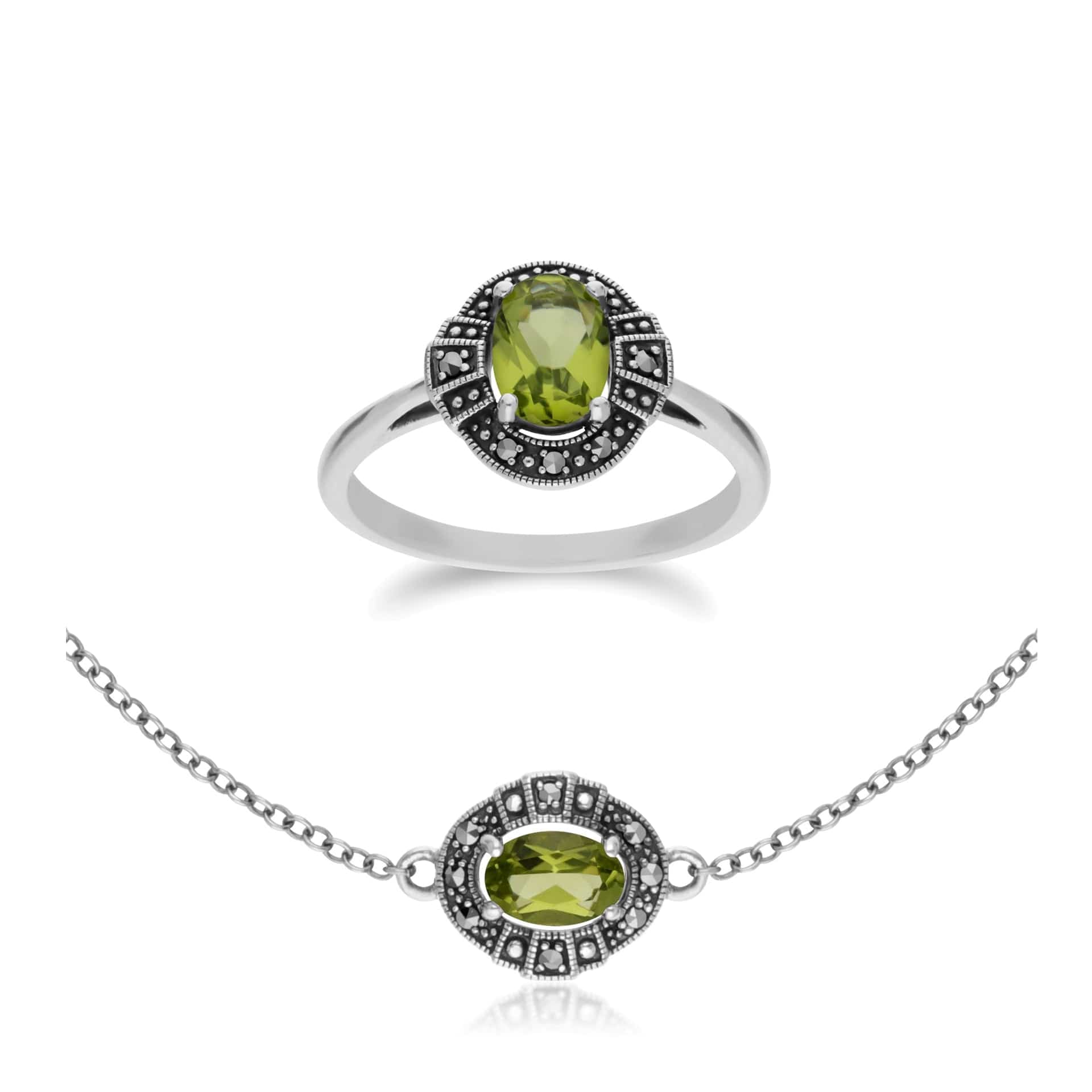 Art Deco peridot & Marcasite Cluster Ring & bracelet Set Image 1