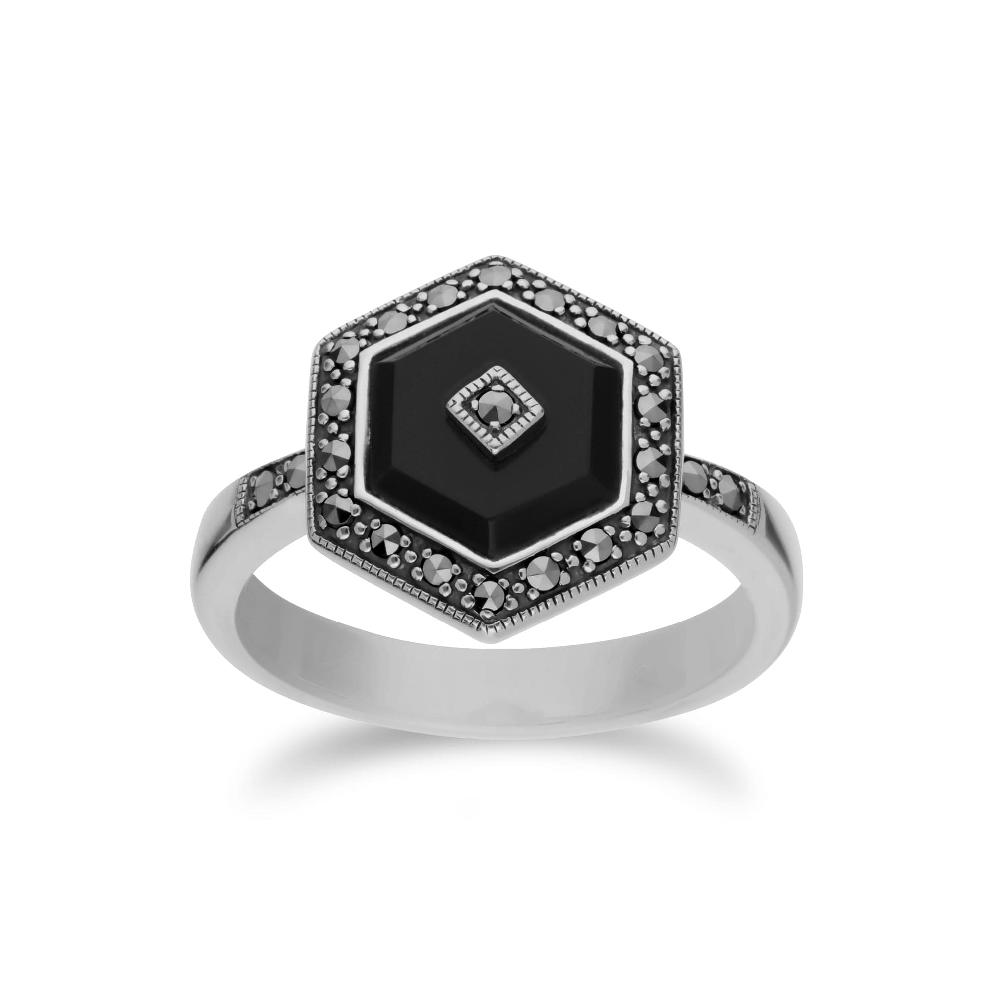 Art Deco Style Black Onyx & Marcasite Silver  Hexagon Ring - Gemondo