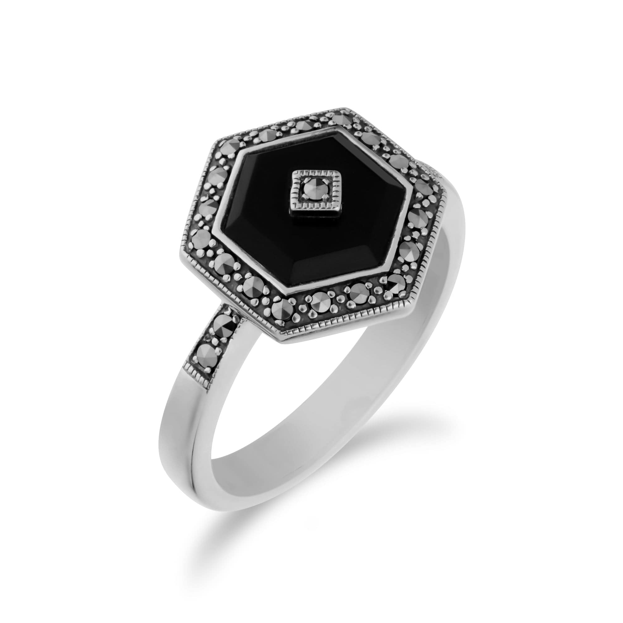 Art Deco Style Black Onyx & Marcasite Silver  Hexagon Ring - Gemondo