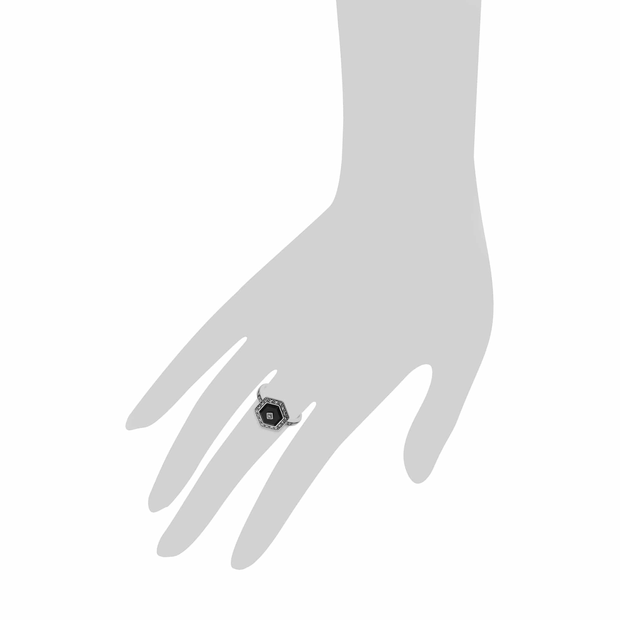 Art Deco Style Black Onyx & Marcasite Silver  Hexagon Ring - Gemondo