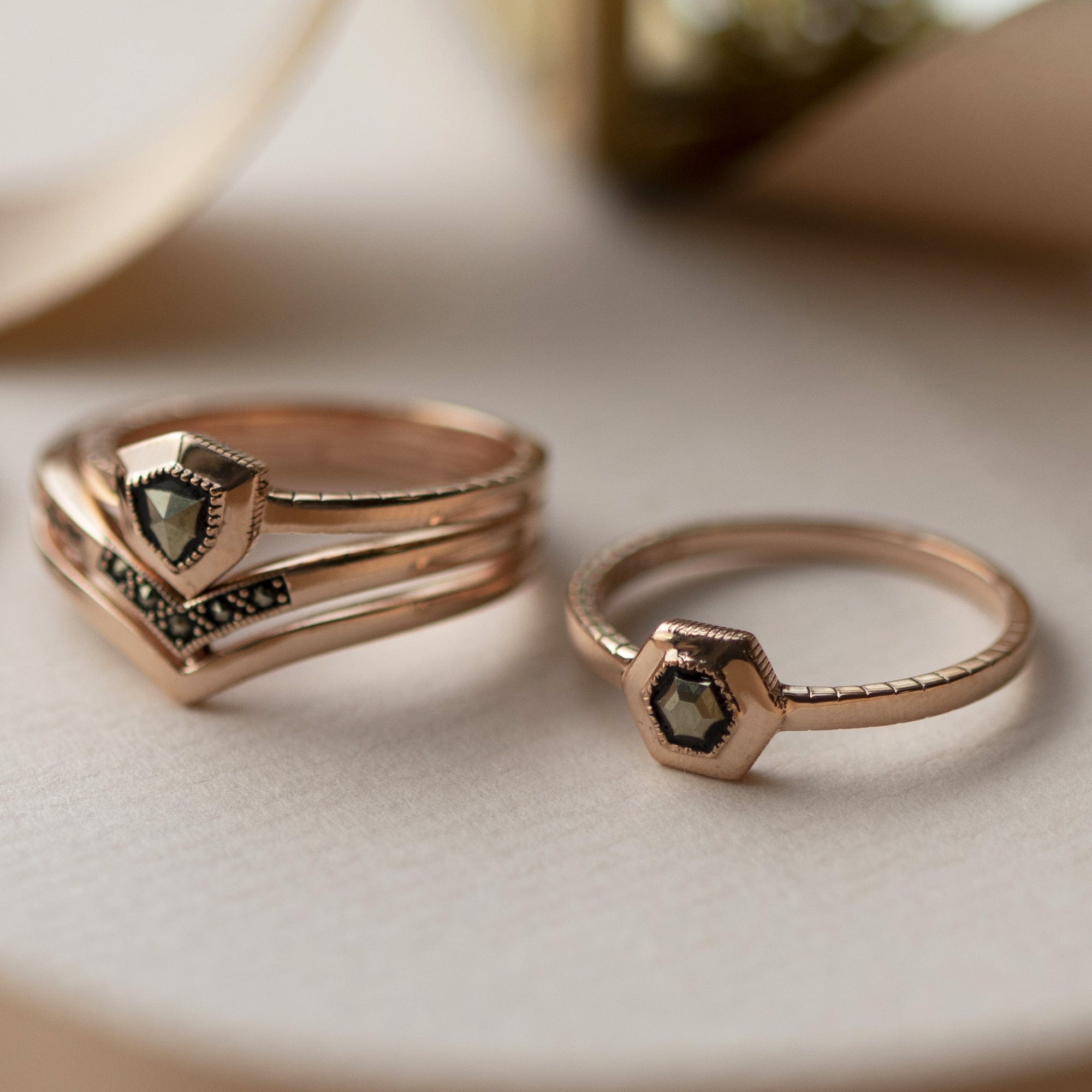 Rose Gold Plated Marcasite Hexagon Design Ring in 925 Sterling Silver - Gemondo