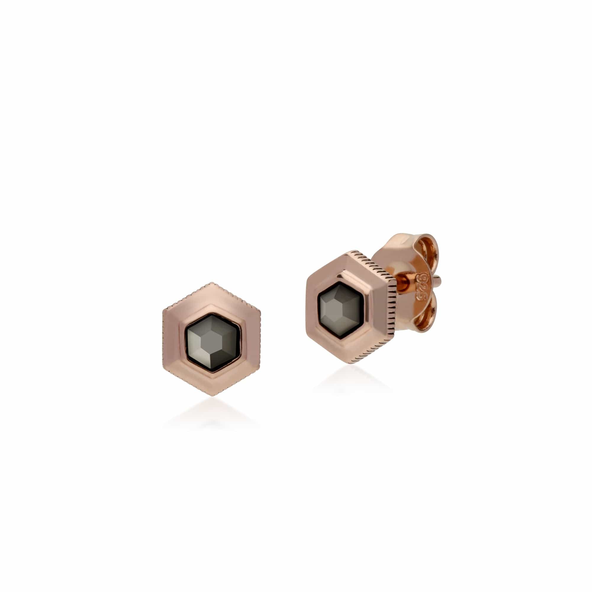 224E022301925 Rose Gold Plated Hexagon Marcasite Stud Earrings in 925 Sterling Silver 1