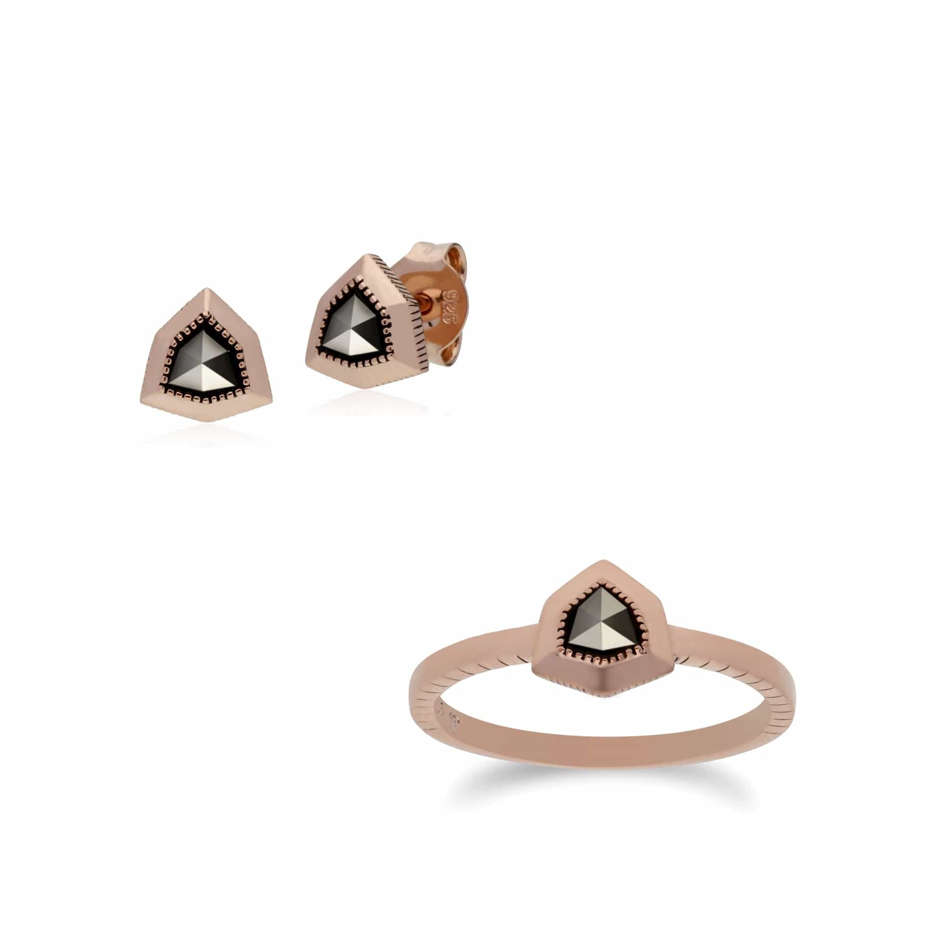 Rose Gold Plated Marcasite Shield Studs & Ring Set Image 1