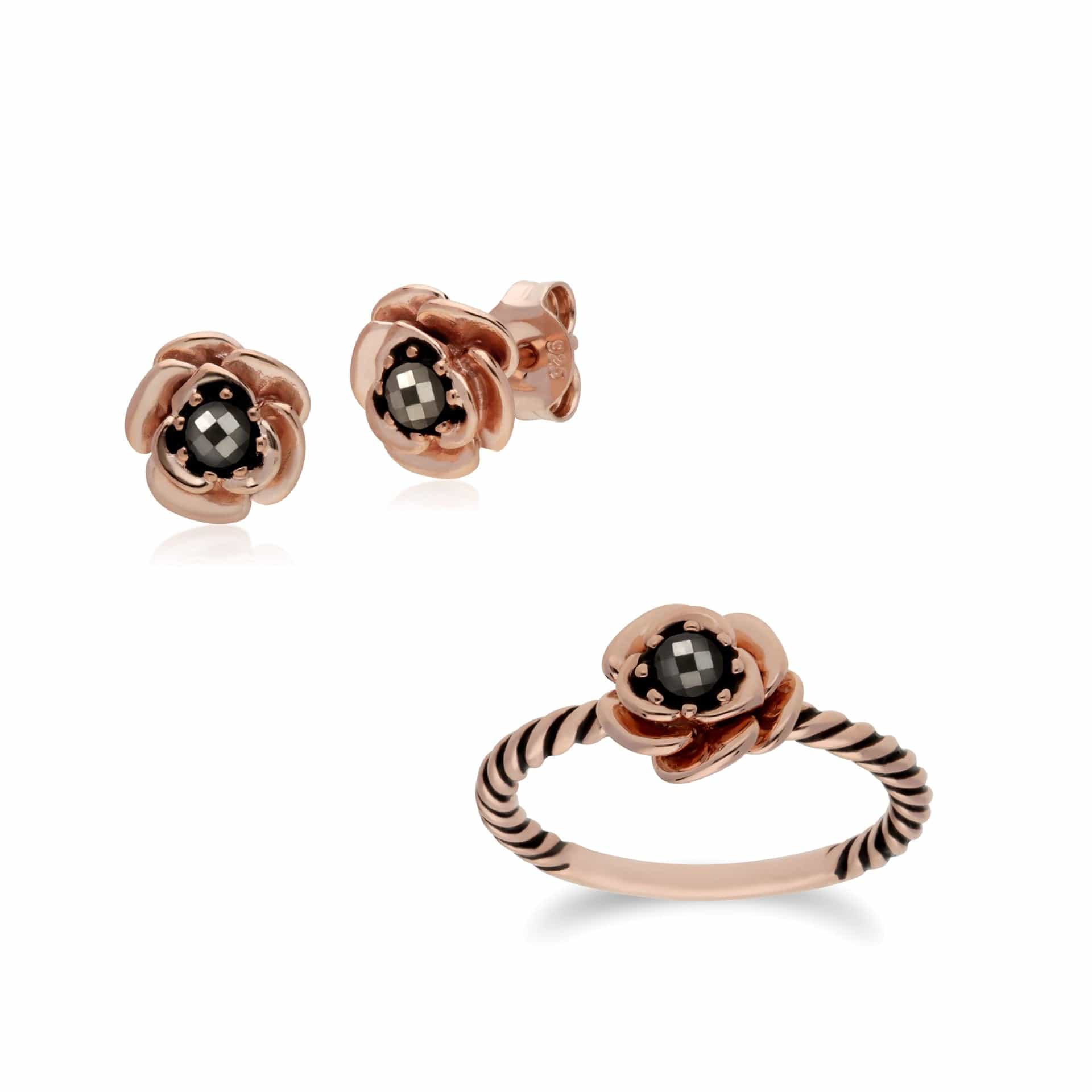 Rose Gold Plated Marcasite Flower Studs & Ring Set Image 1