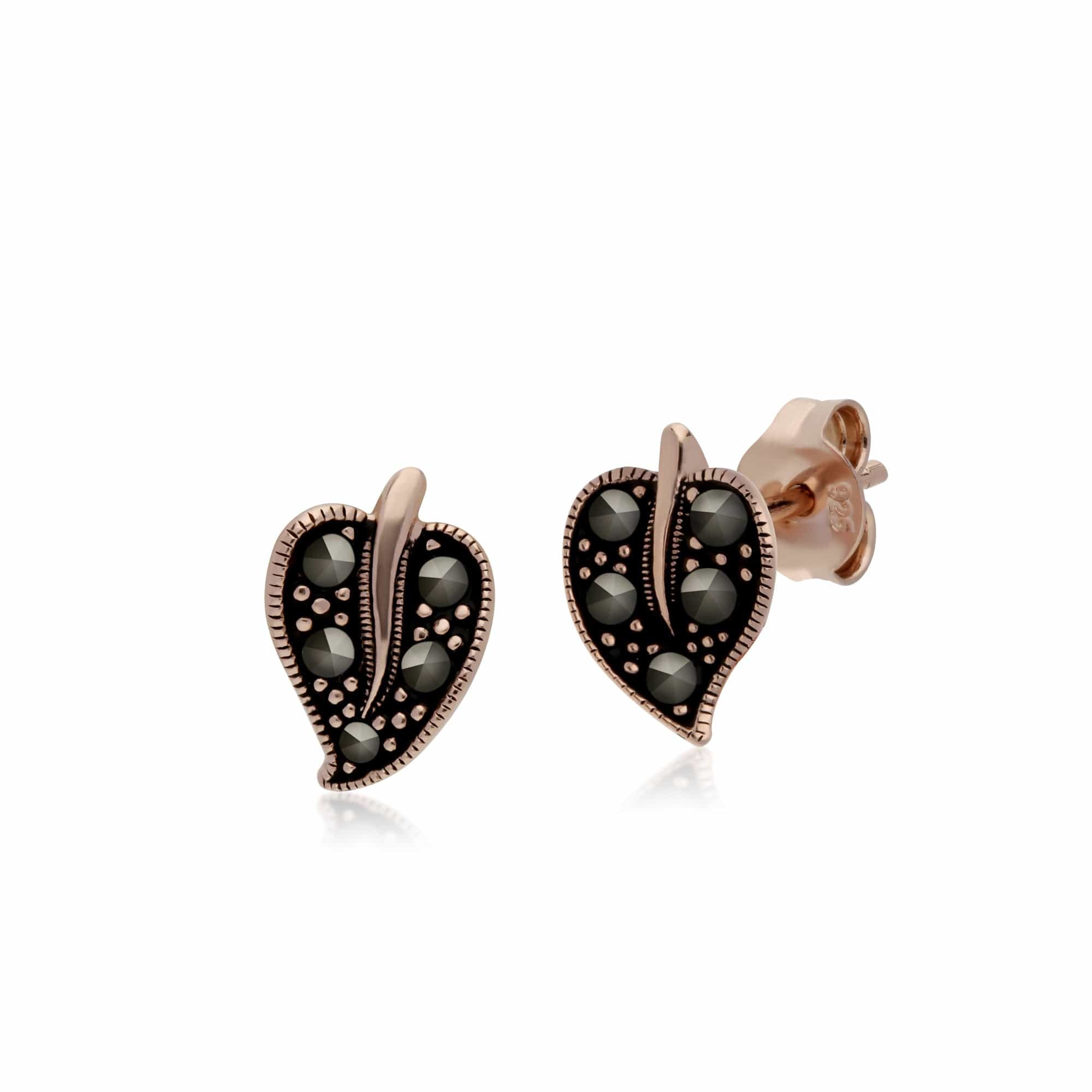 Rose Gold Plated Round Marcasite Leaf Stud Earrings in 925 Sterling Silver - Gemondo