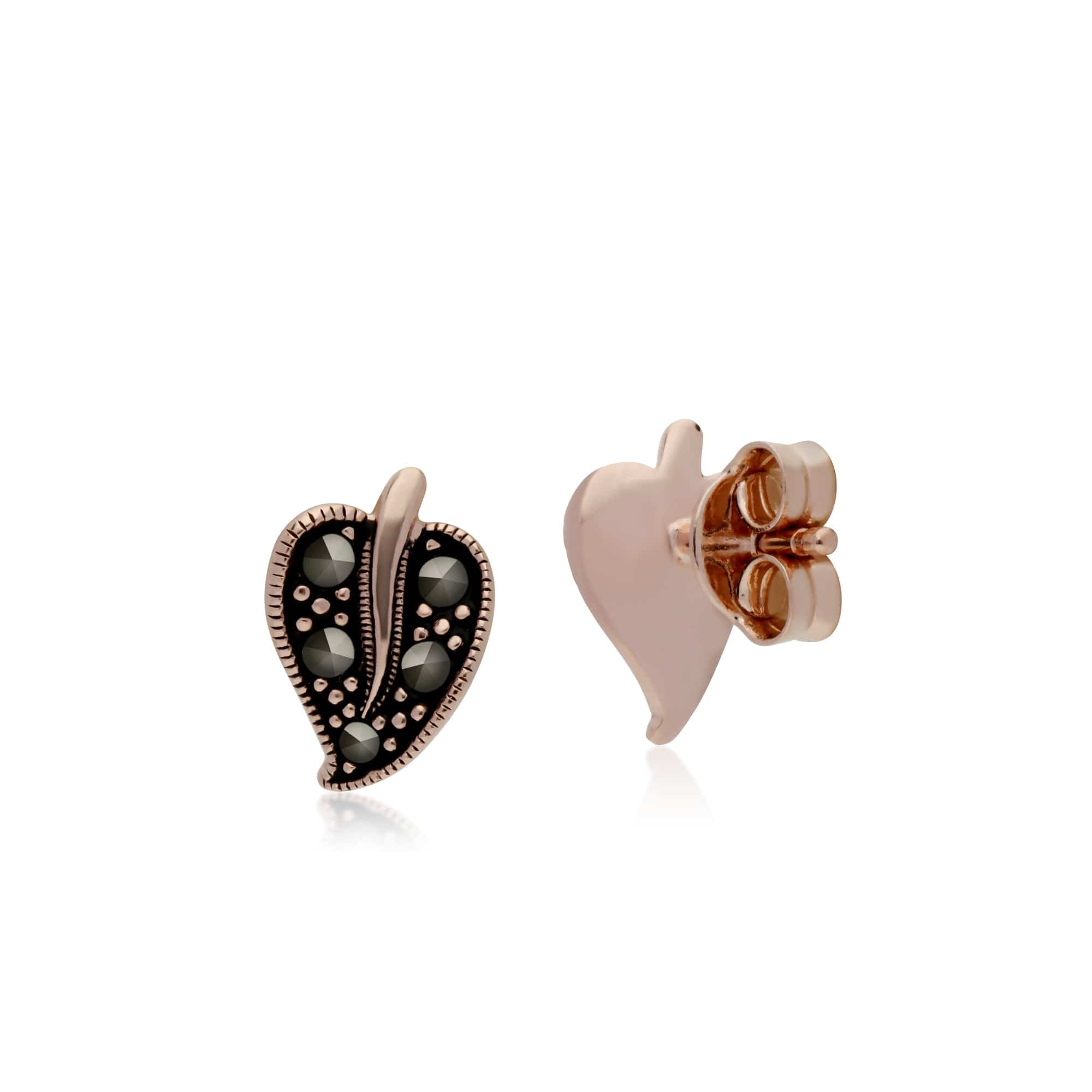 Rose Gold Plated Round Marcasite Leaf Stud Earrings in 925 Sterling Silver - Gemondo