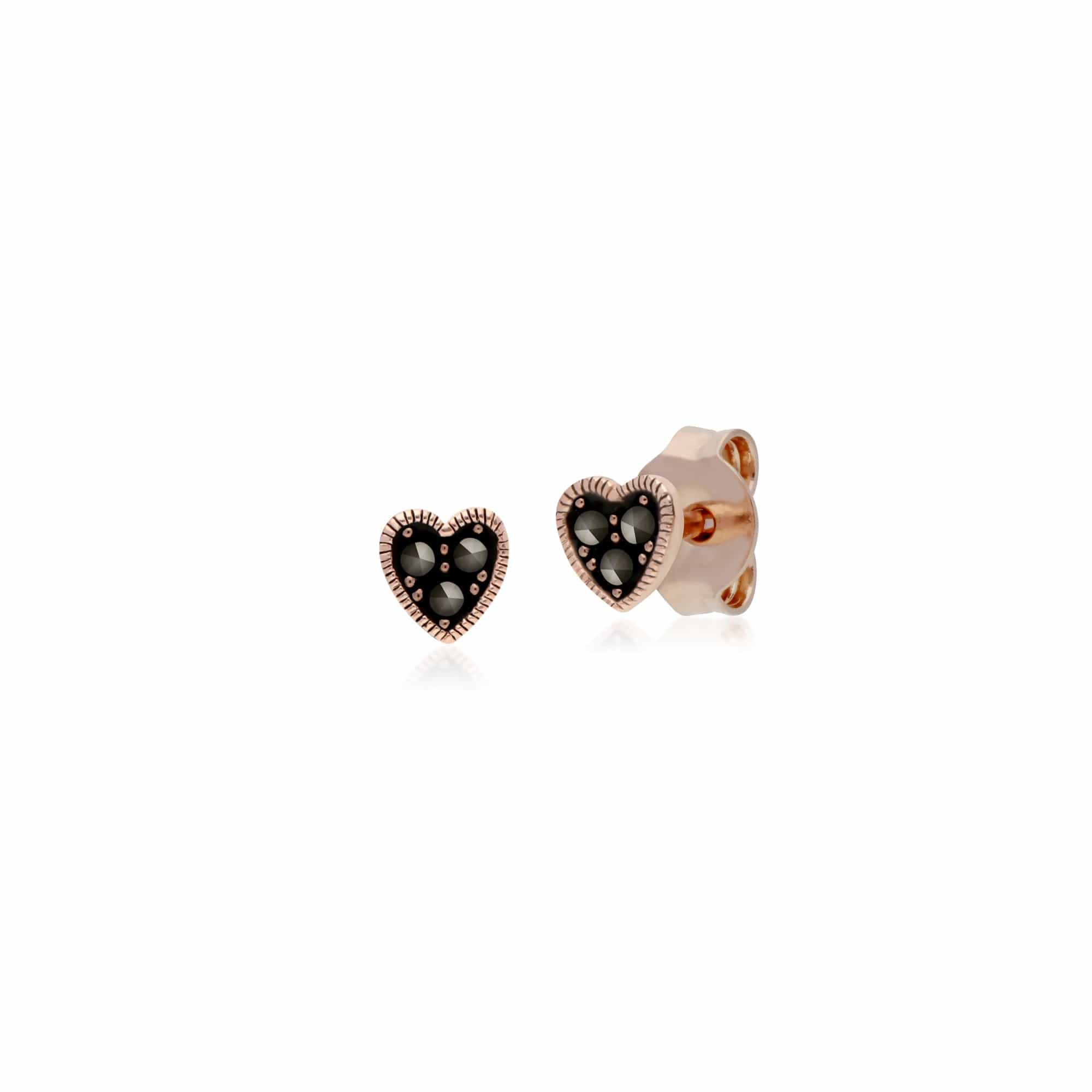 224E025301925 Rose Gold Plated Round Marcasite Heart Stud Earrings in 925 Sterling Silver 1