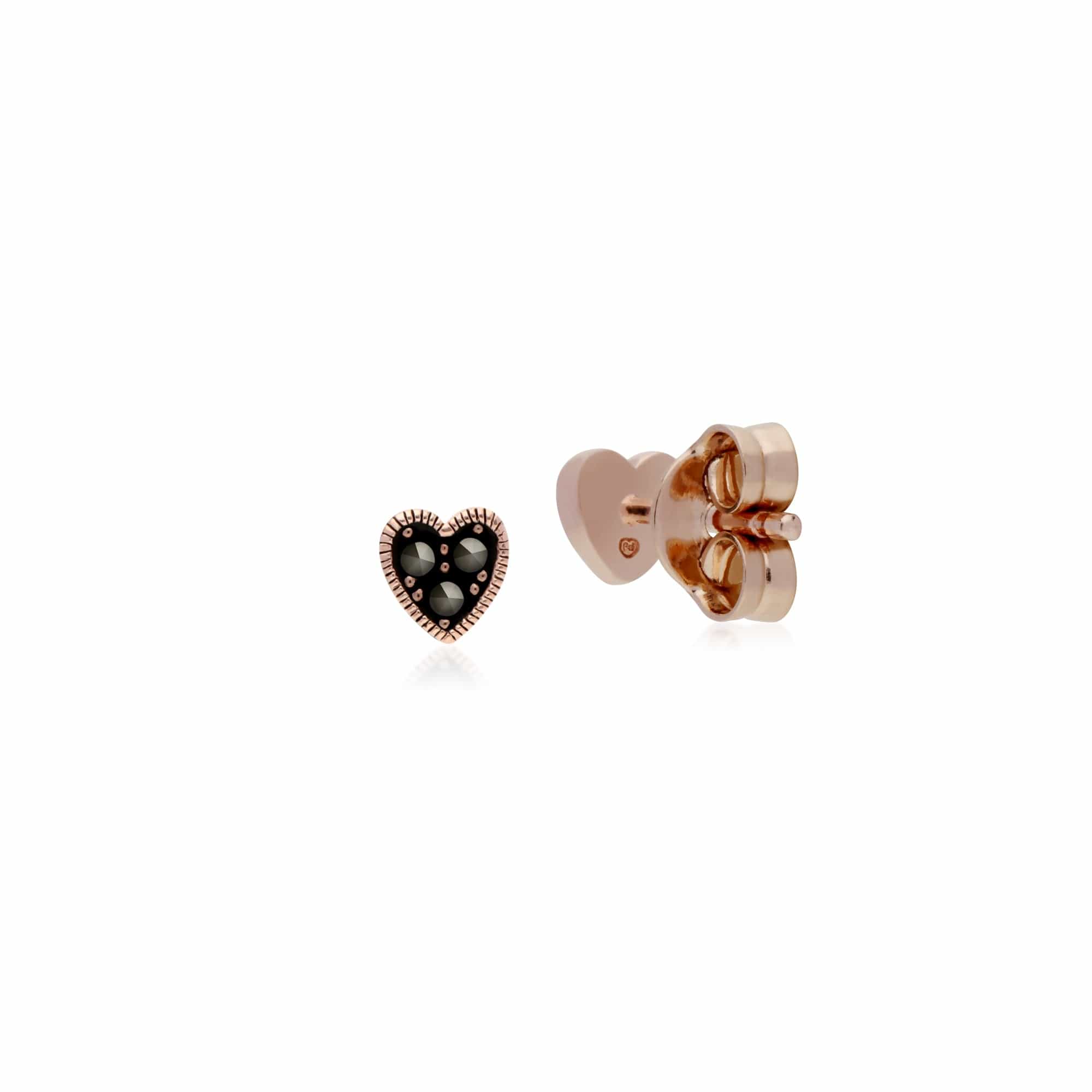 Rose Gold Plated Round Marcasite Heart Stud Earrings in 925 Sterling Silver - Gemondo