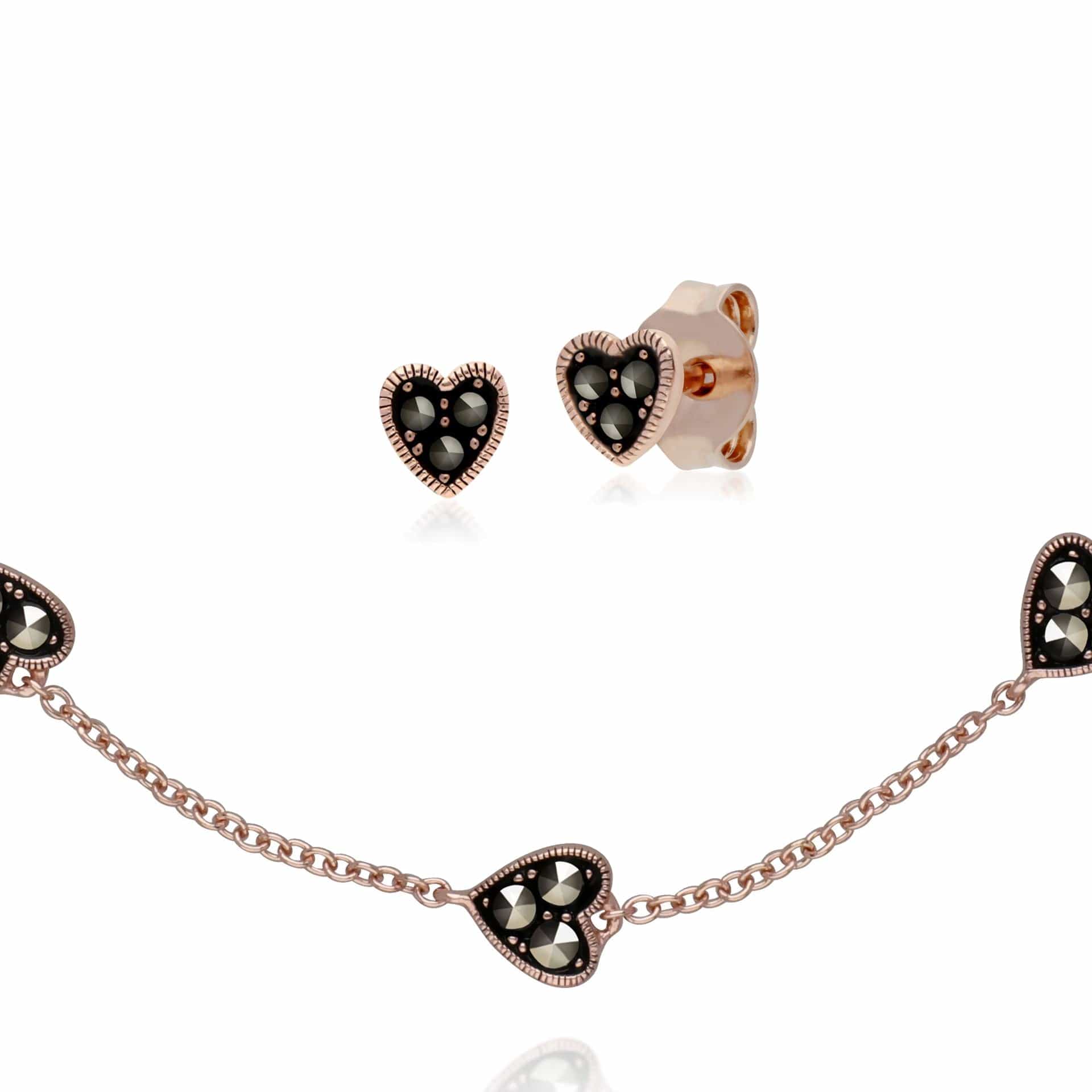Rose Gold Marcasite Heart Studs & Bracelet Set Image 1