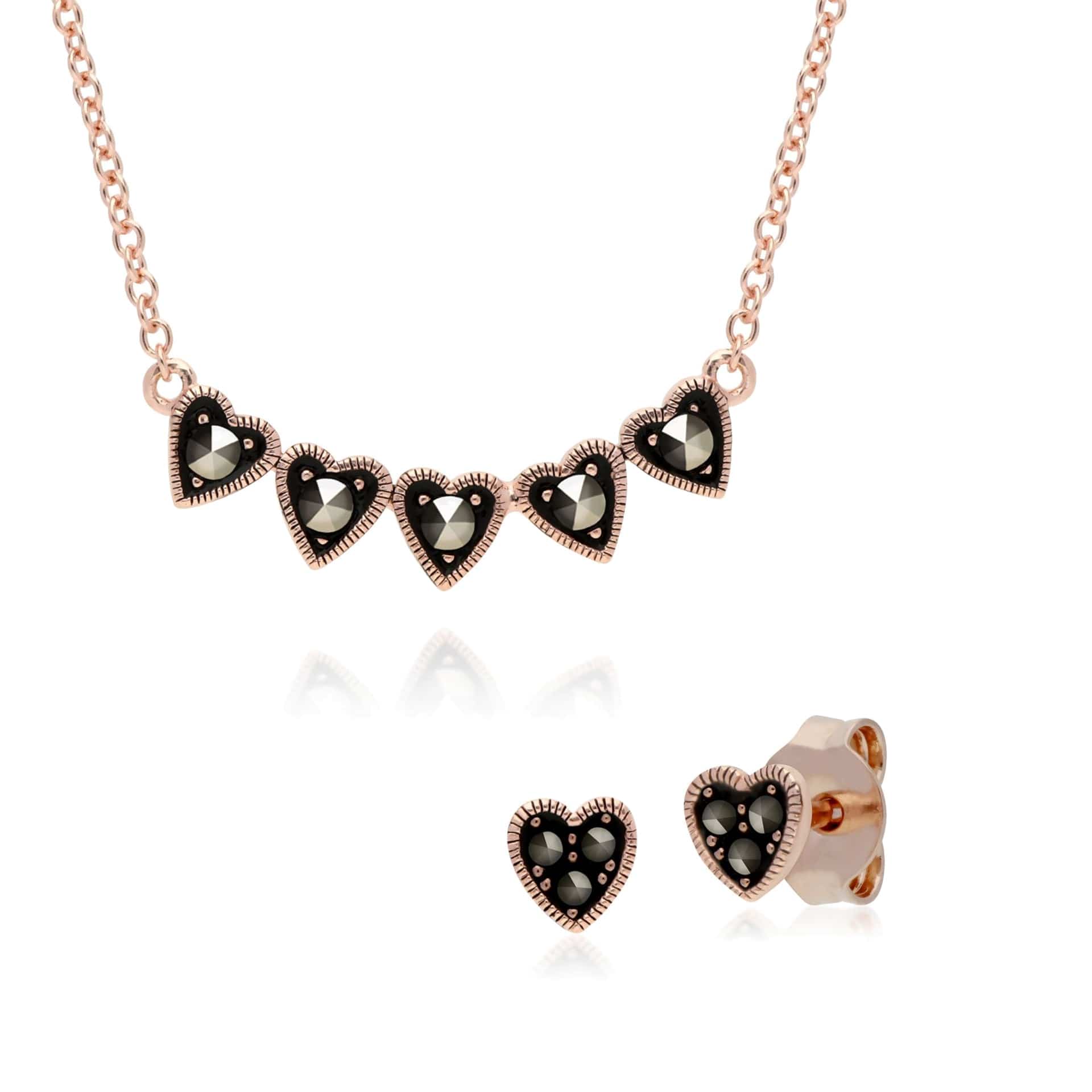 Rose Gold Marcasite Heart Studs & Necklace Set Image 1