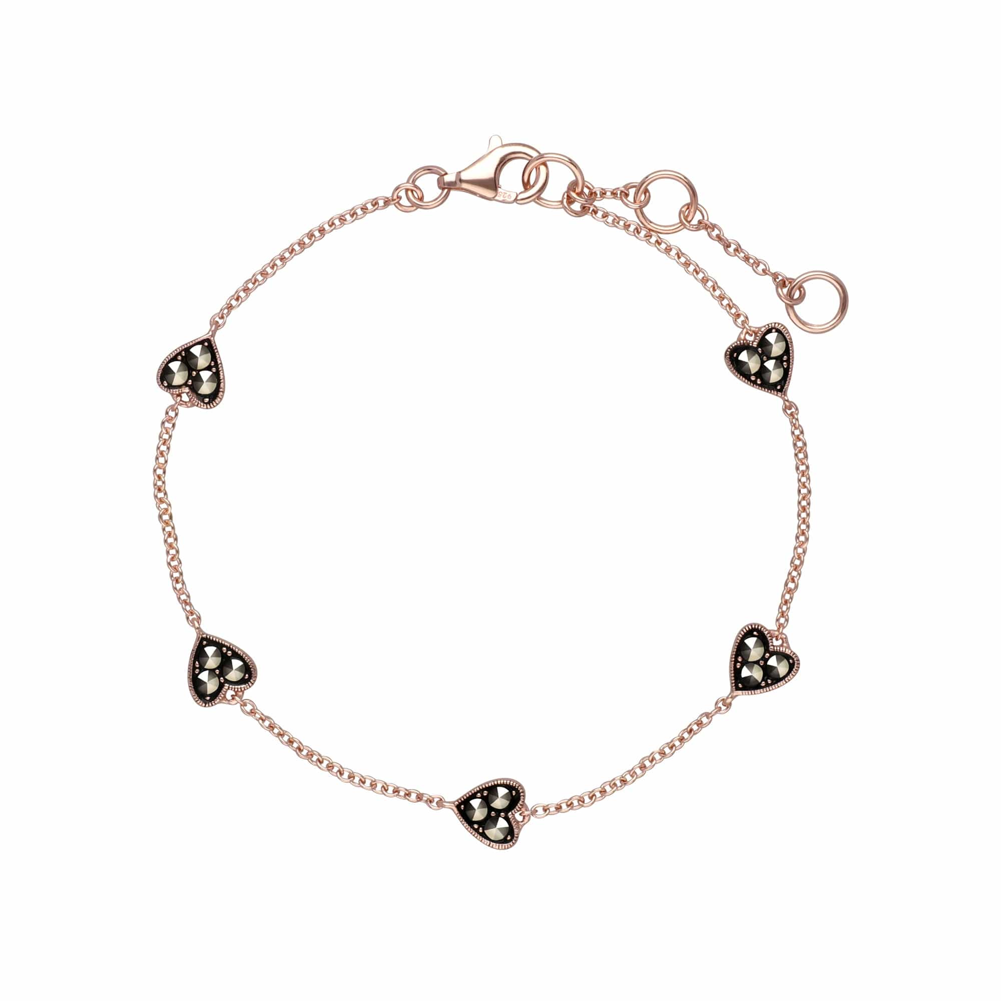 Rose Gold Plated Round Marcasite 5 Heart Bracelet in 925 Sterling Silver - Gemondo
