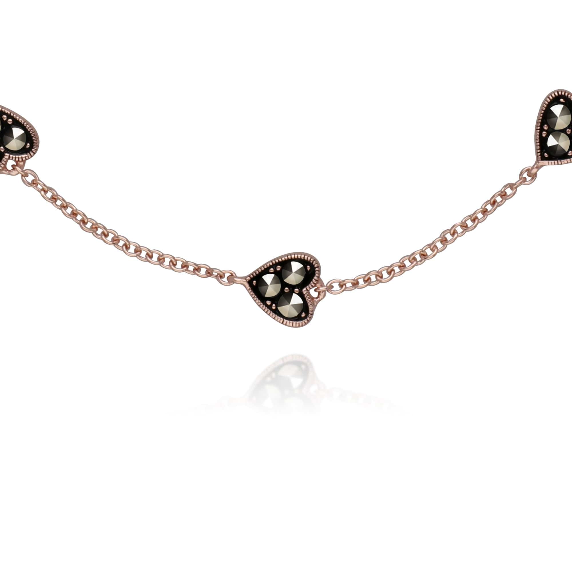 Rose Gold Plated Round Marcasite 5 Heart Bracelet in 925 Sterling Silver - Gemondo