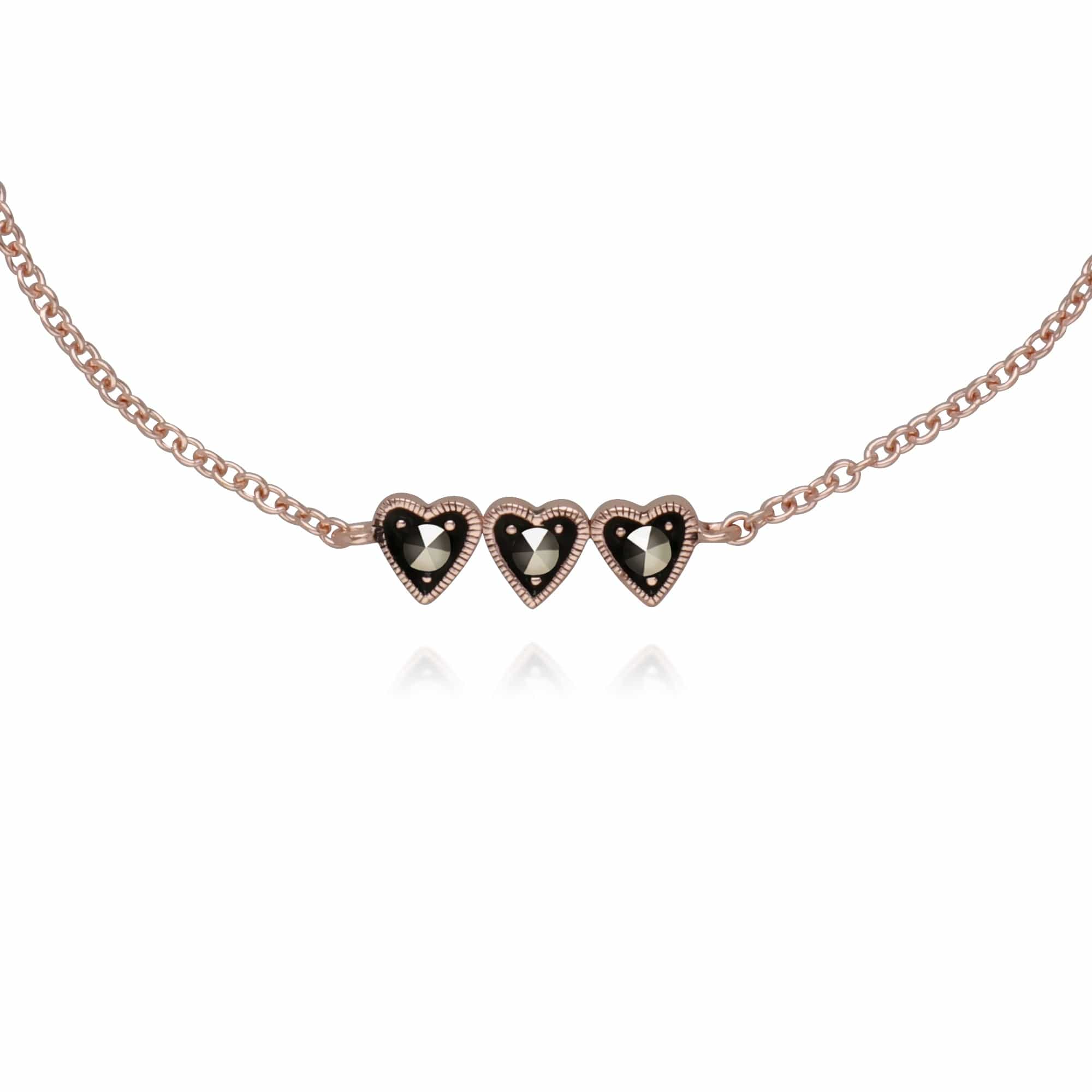 Rose Gold Plated Round Marcasite Three Heart Bracelet in 925 Sterling Silver - Gemondo