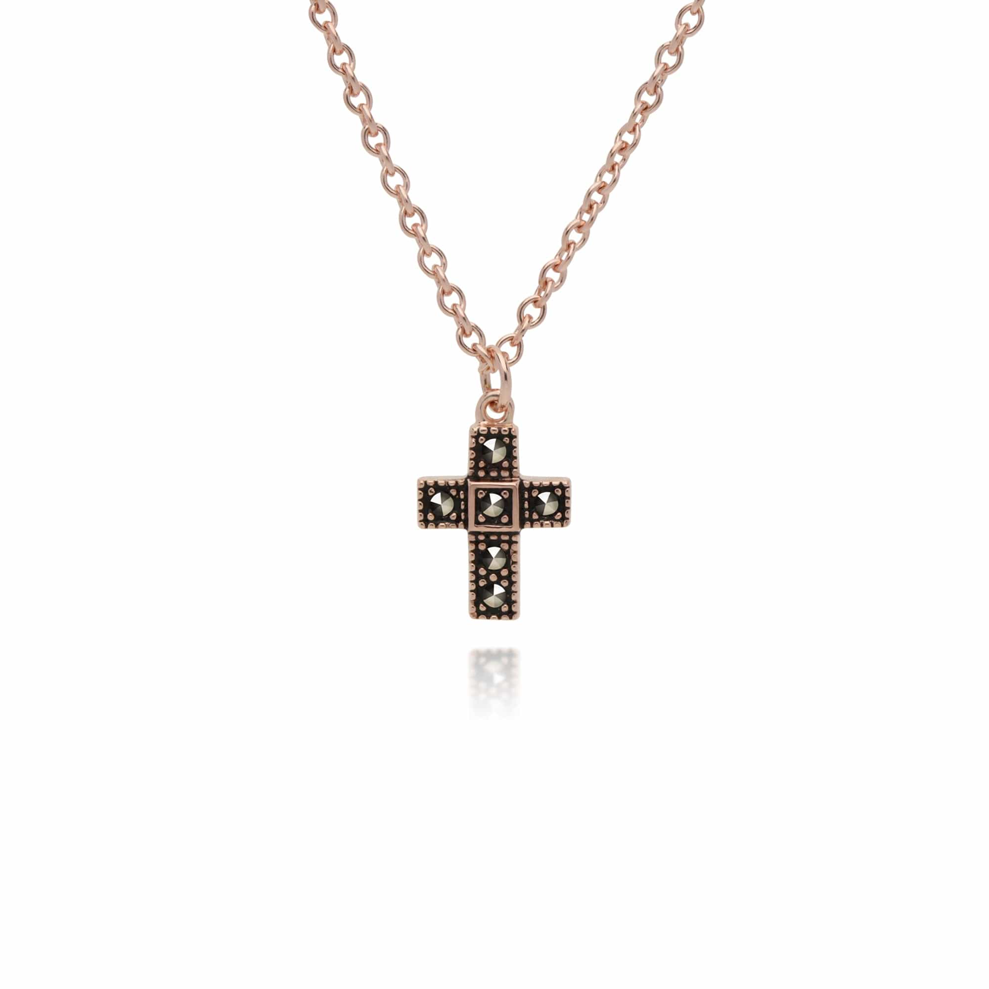 Rose Gold Plated Round Marcasite Cross Necklace in 925 Sterling Silver - Gemondo