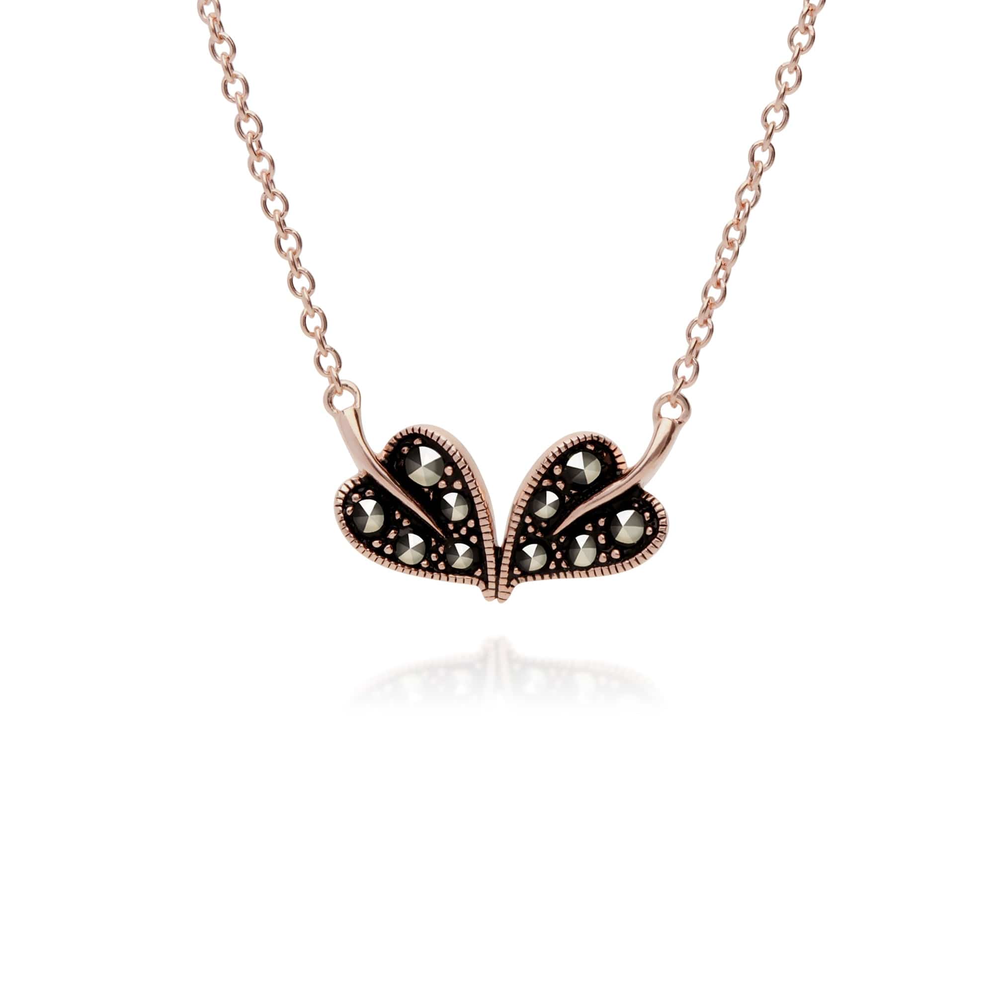 Rose Gold Plated Round Marcasite Double Leaf Necklace in 925 Sterling Silver - Gemondo