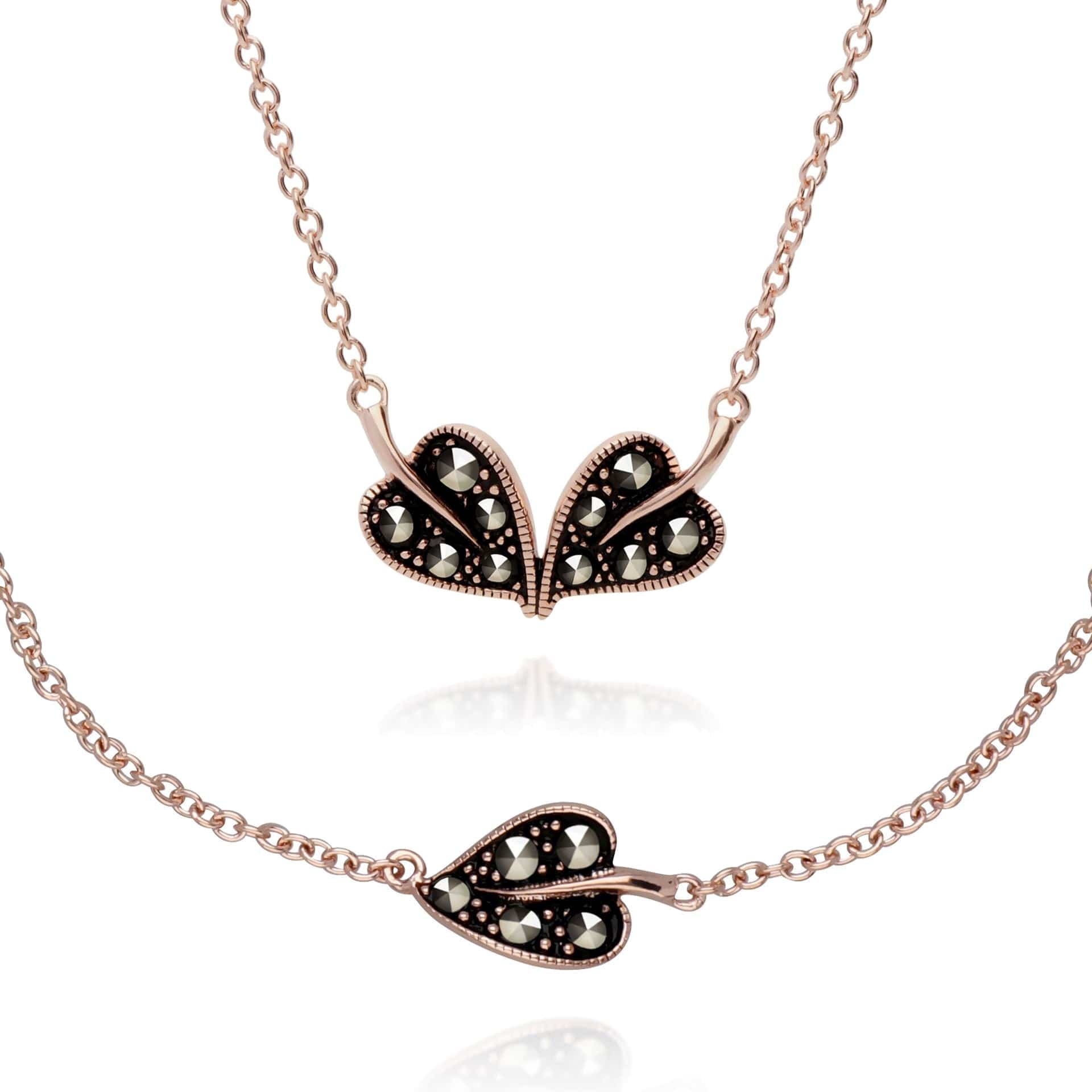 Rose Gold Marcasite Leaf Bracelet & Necklace Set Image 1
