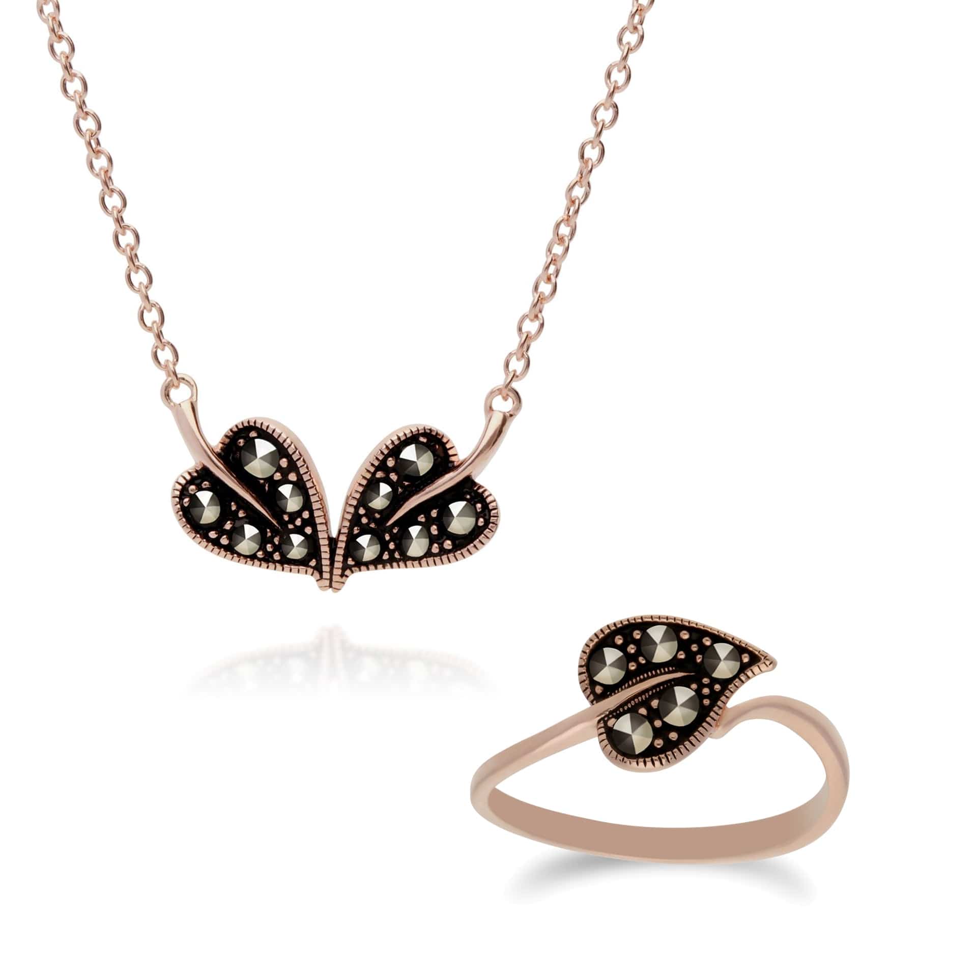 Rose Gold Marcasite Leaf Ring & Necklace Set Image 1