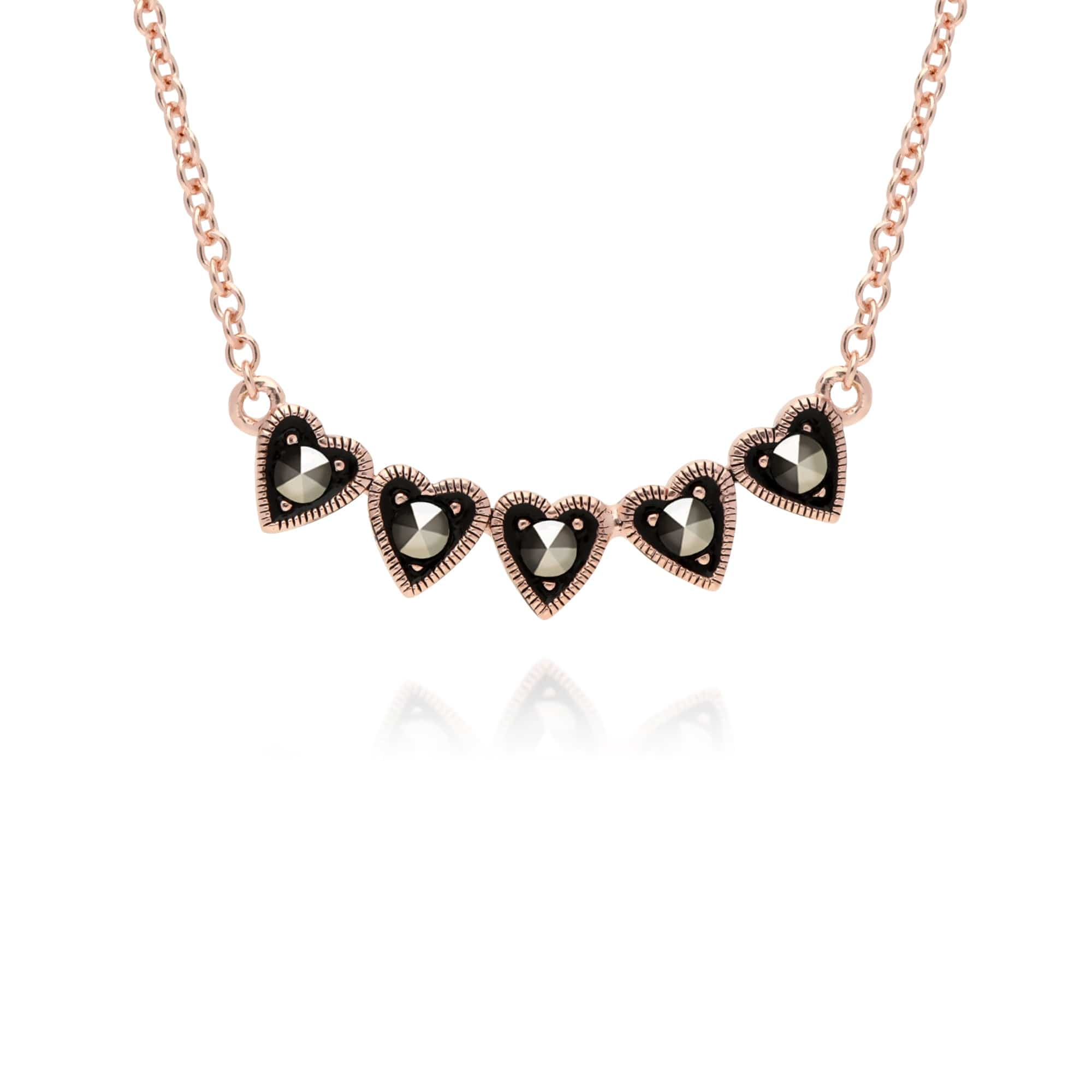 Rose Gold Plated Round Marcasite 5 Small Heart Necklace in 925 Sterling Silver - Gemondo