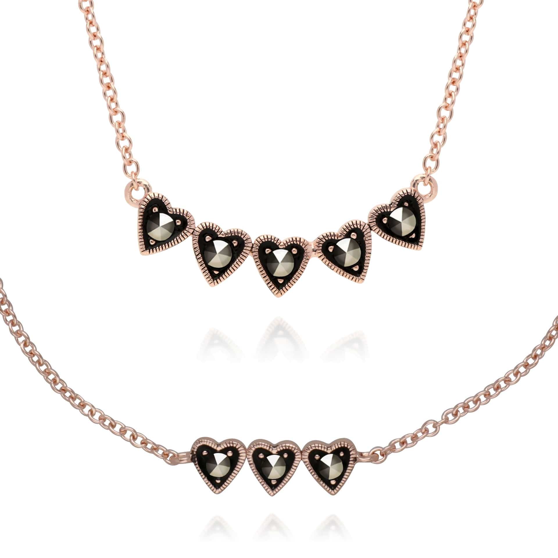 Rose Gold Marcasite Heart Bracelet & Necklace Set Image 1