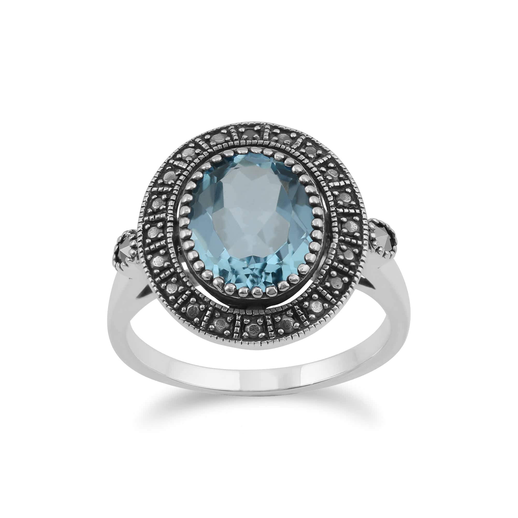 Art Deco Style Oval Blue Topaz & Marcasite Statement Cocktail Ring In Sterling Silver