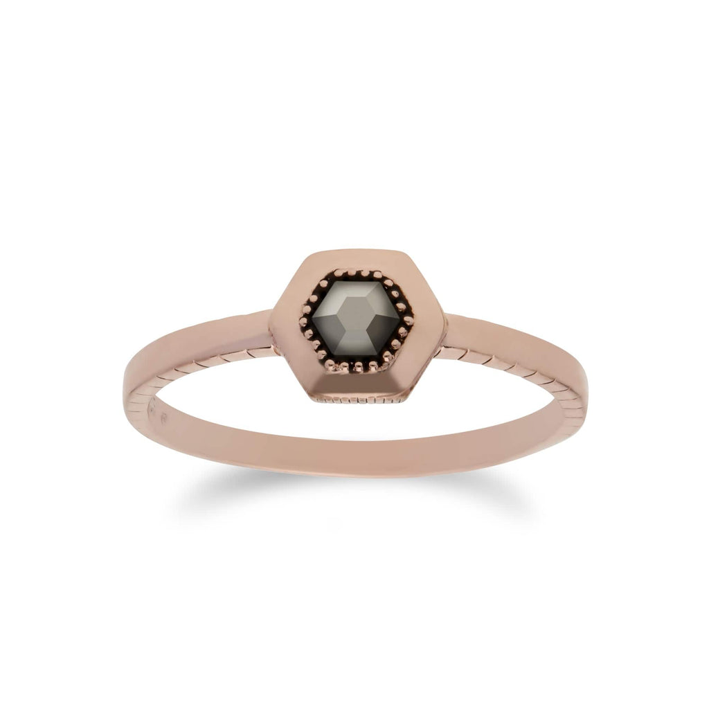 Rose Gold Plated Marcasite Hexagon Design Ring 925 Sterling Silver