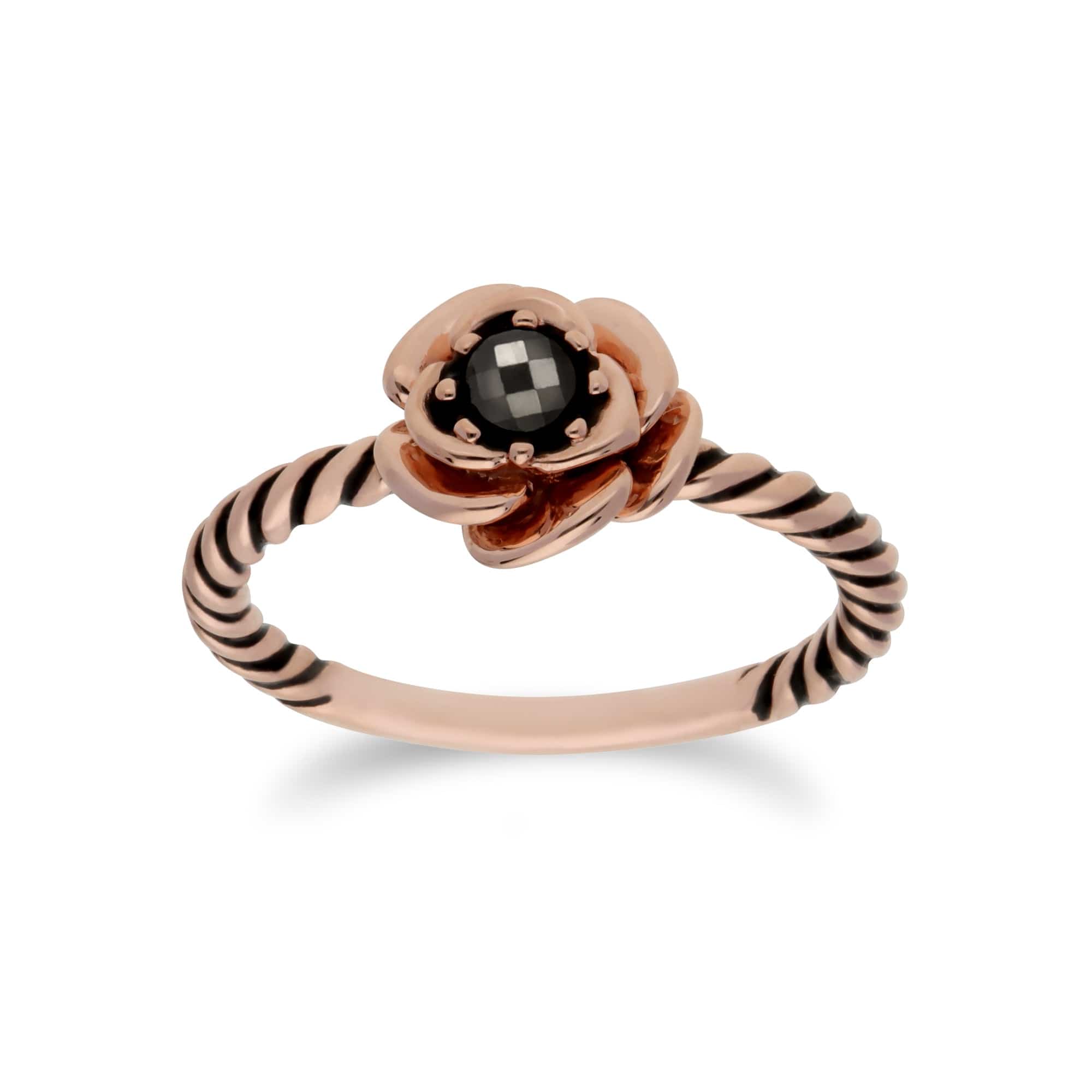 Rose Gold Plated Checkerboard Marcasite Floral Design Ring in 925 Sterling Silver - Gemondo
