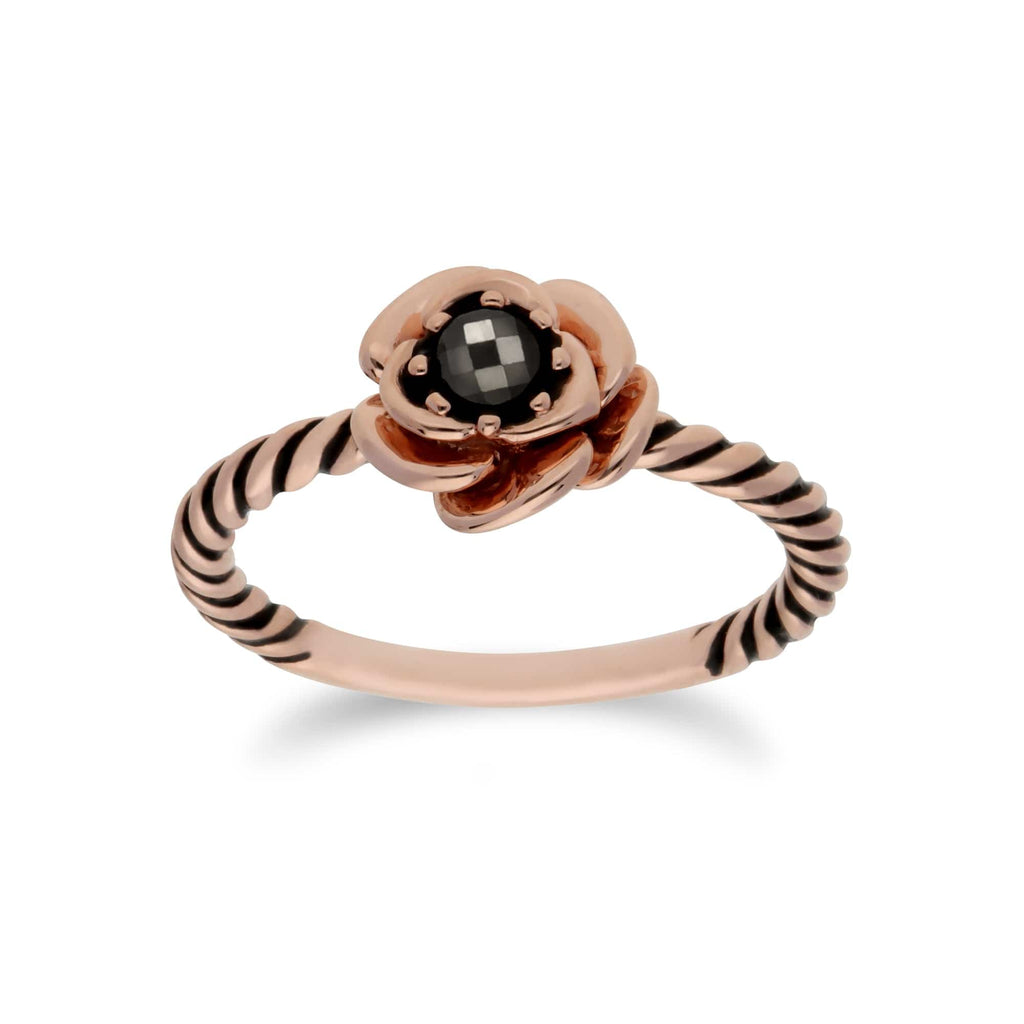 Rose Gold Plated Checkerboard Marcasite Floral Design Ring 925 Sterling Silver